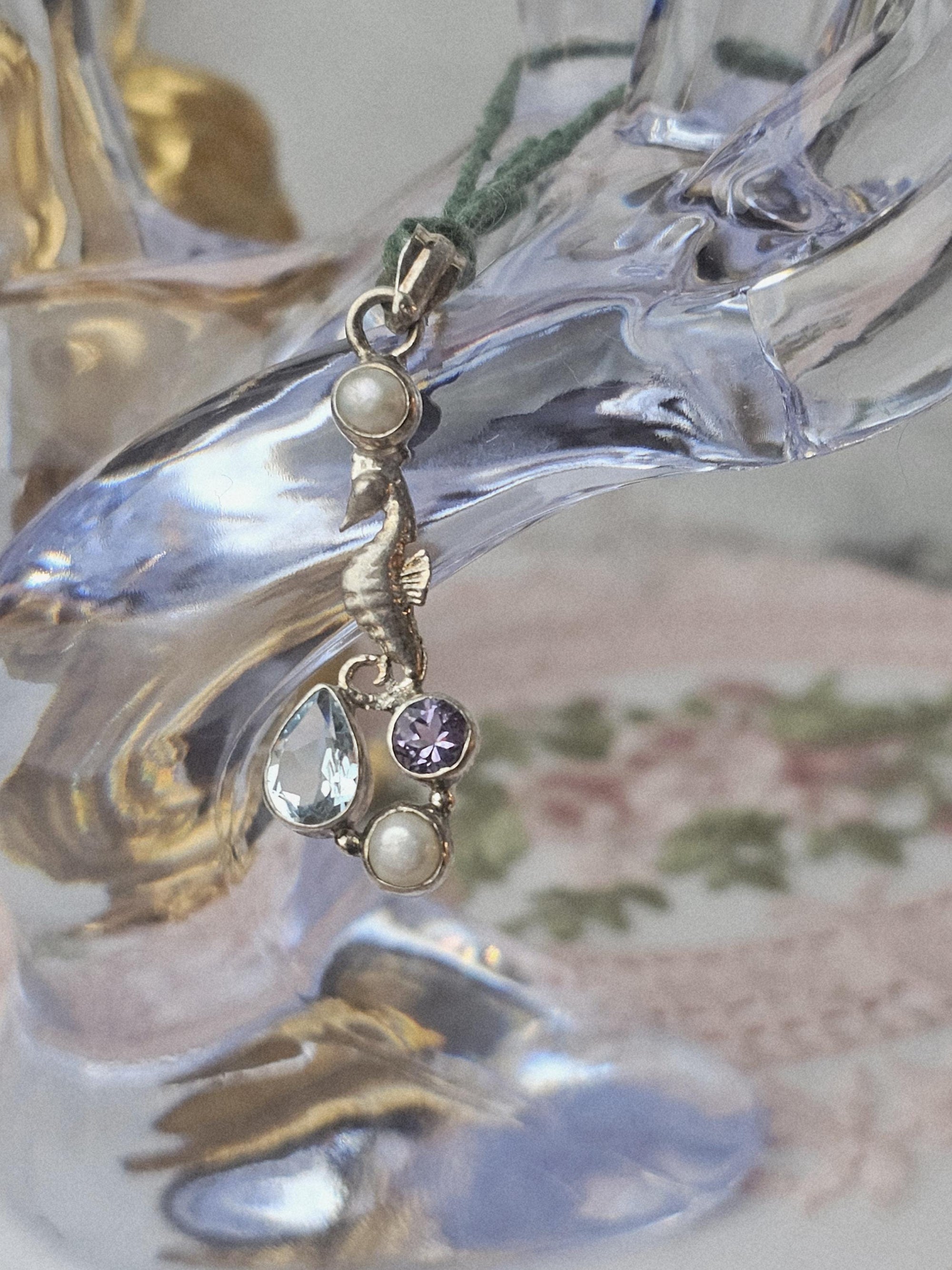 Aquamarine Seahorse 925 Silver Pendant, Amethyst and Pearl