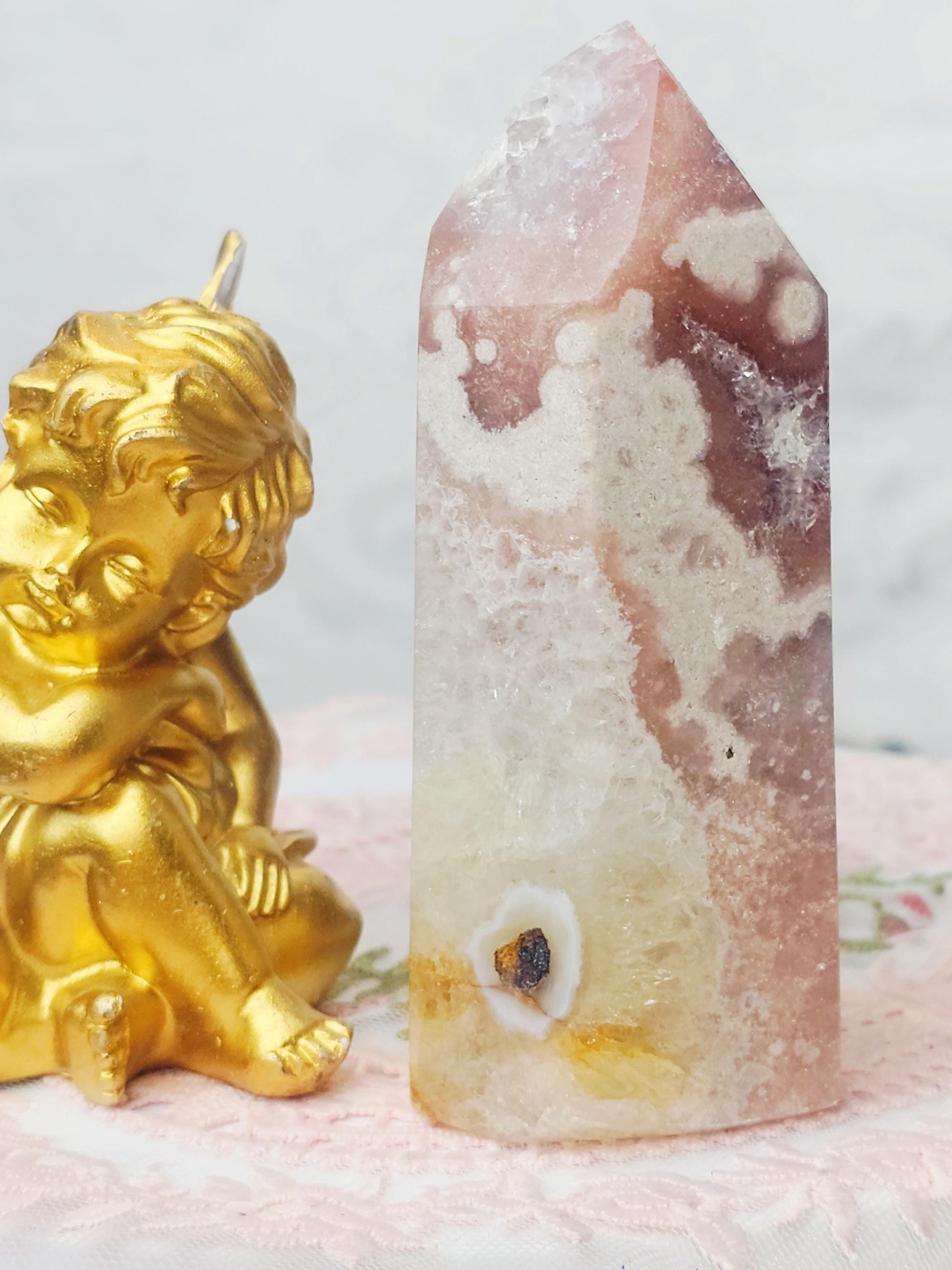Pink Amethyst Tower, Golden Healer Druzy Crystal, Reiki Infused