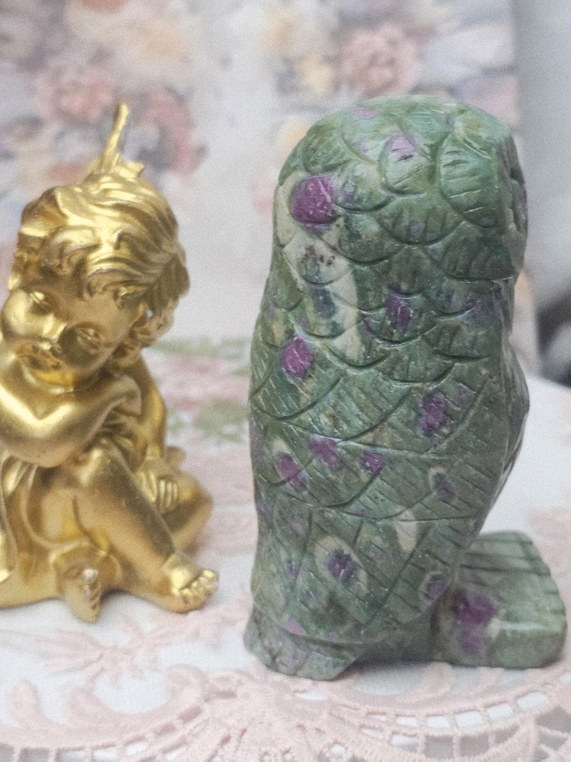 Ruby Fuchsite Owl Carving, Reiki Crystal Decor