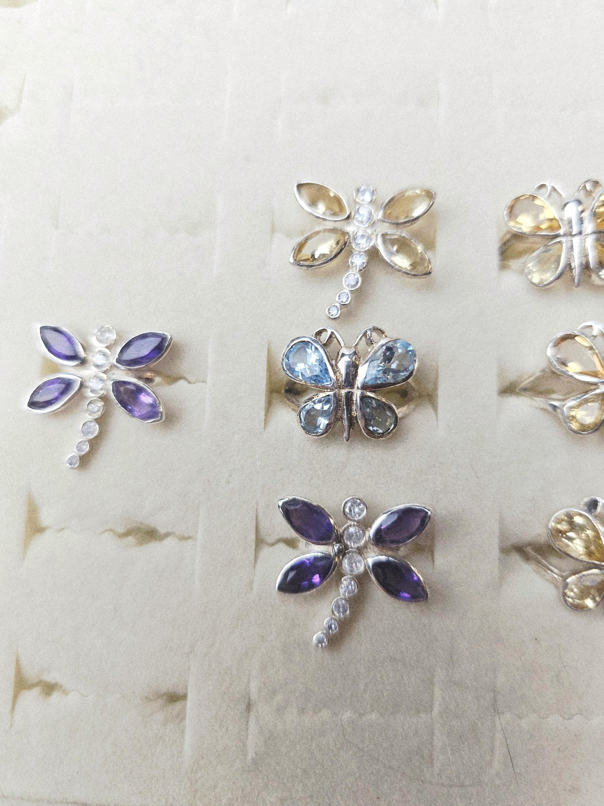 925 Silver Butterfly Dragonfly Crystal Ring, Handmade