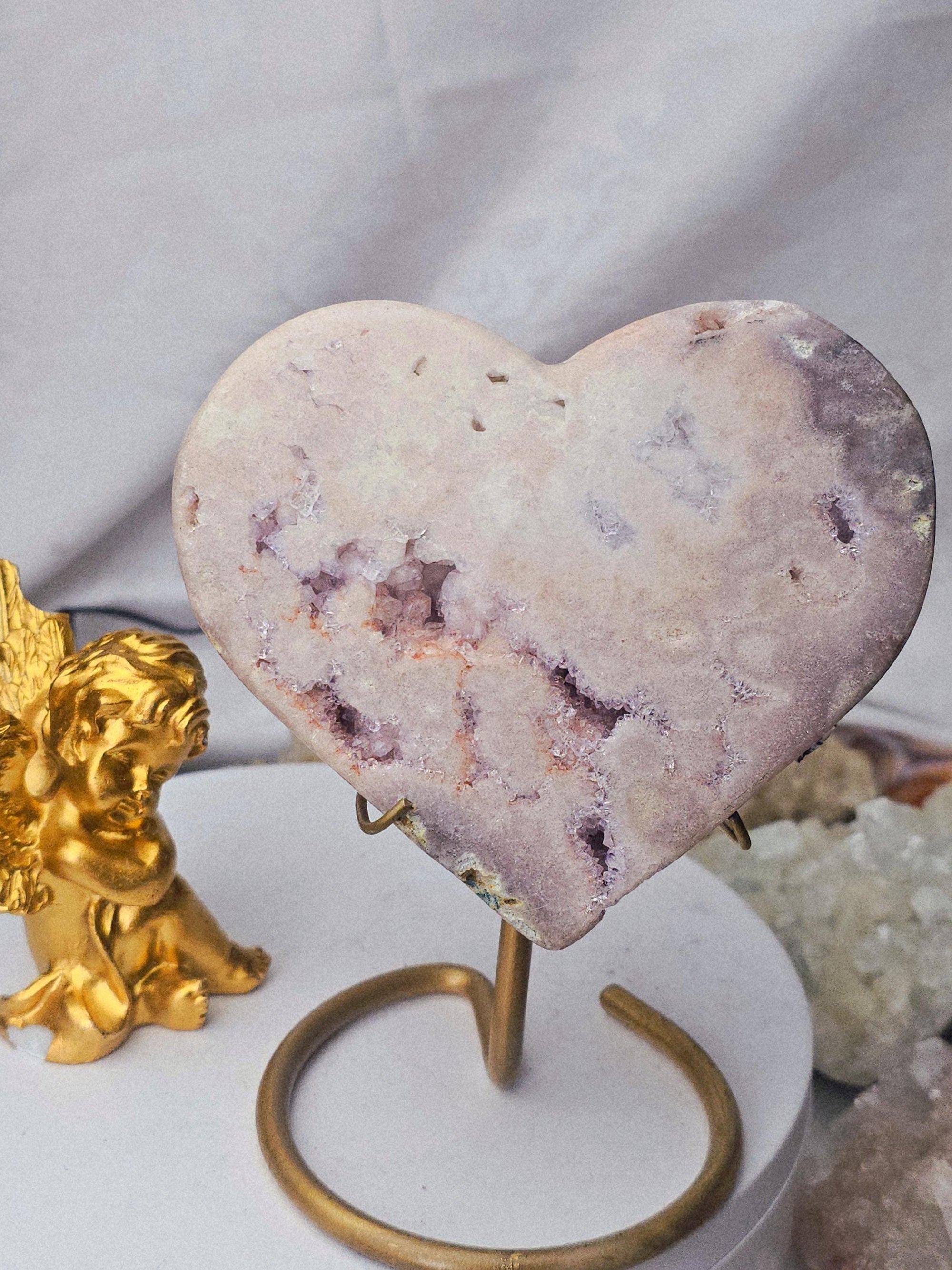 Pink Amethyst Druzy Heart, Brazilian Crystal on Gold Stand