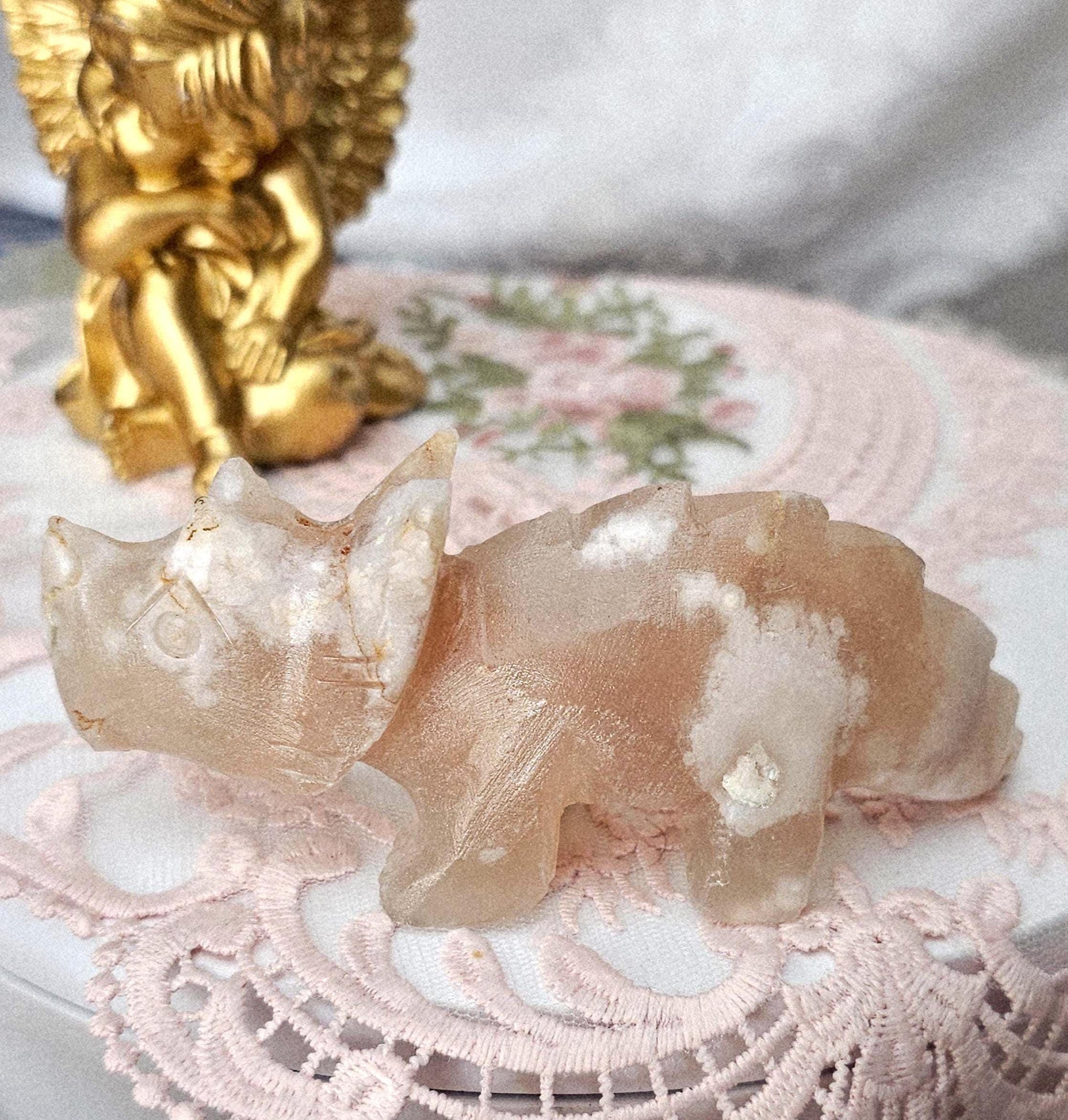 Flower Agate Dinosaur Carving, Druzy Crystal Sculpture