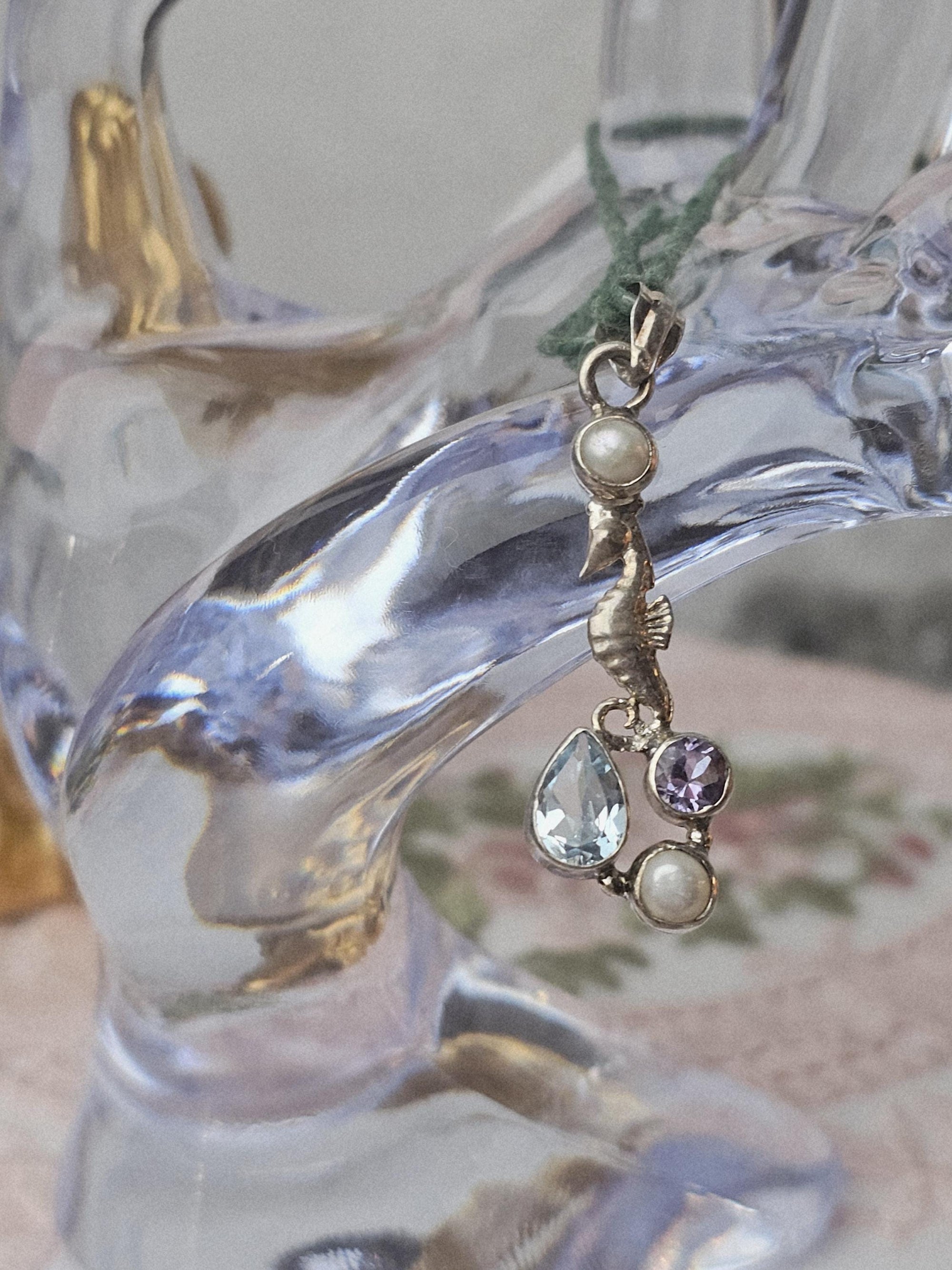 Aquamarine Seahorse 925 Silver Pendant, Amethyst and Pearl
