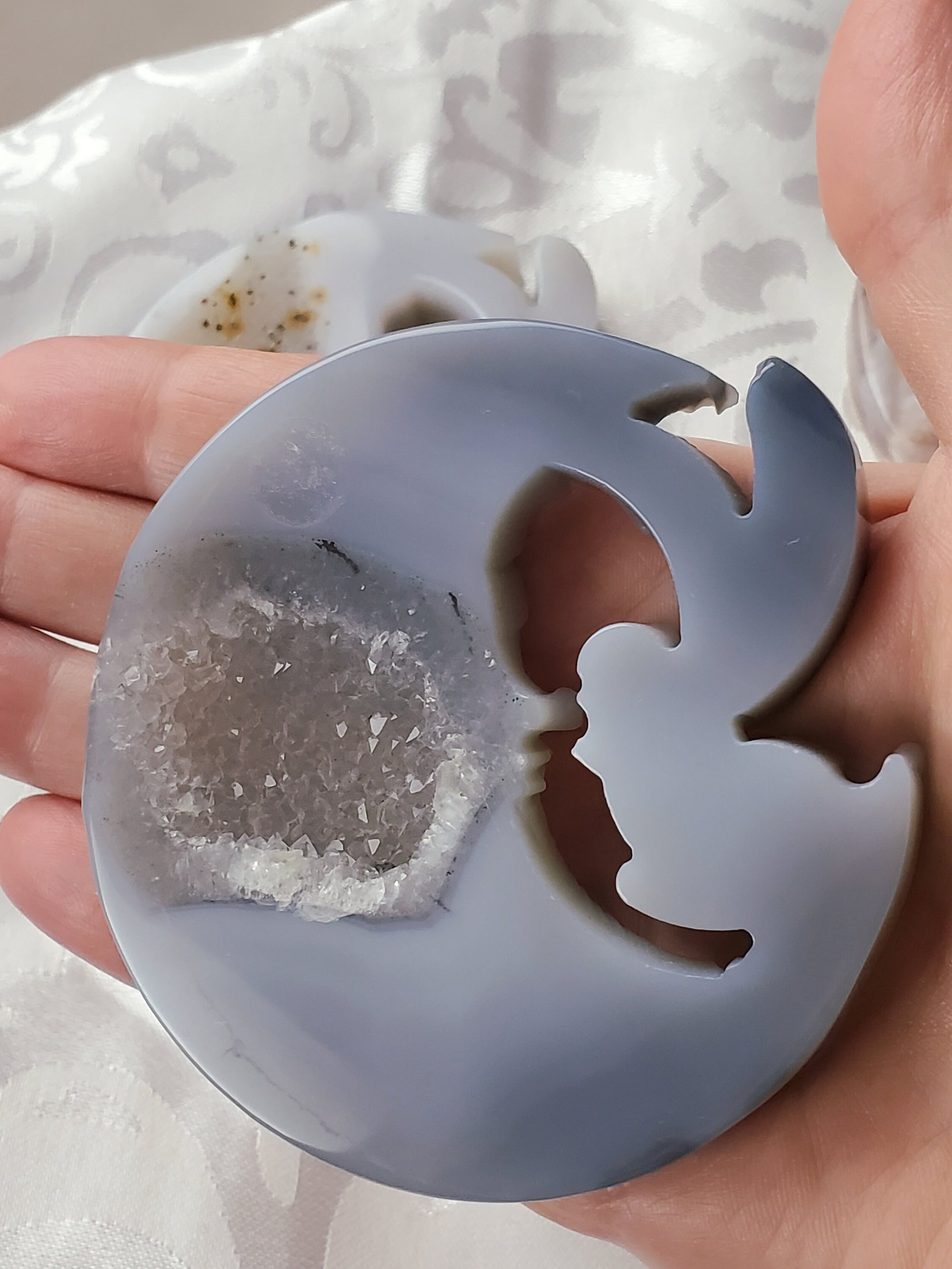 Magical Druzy Agate Moon & Fairy + Agate Moon Fairy Carving, Crystal Carvings, Fairy Garden, Fairy