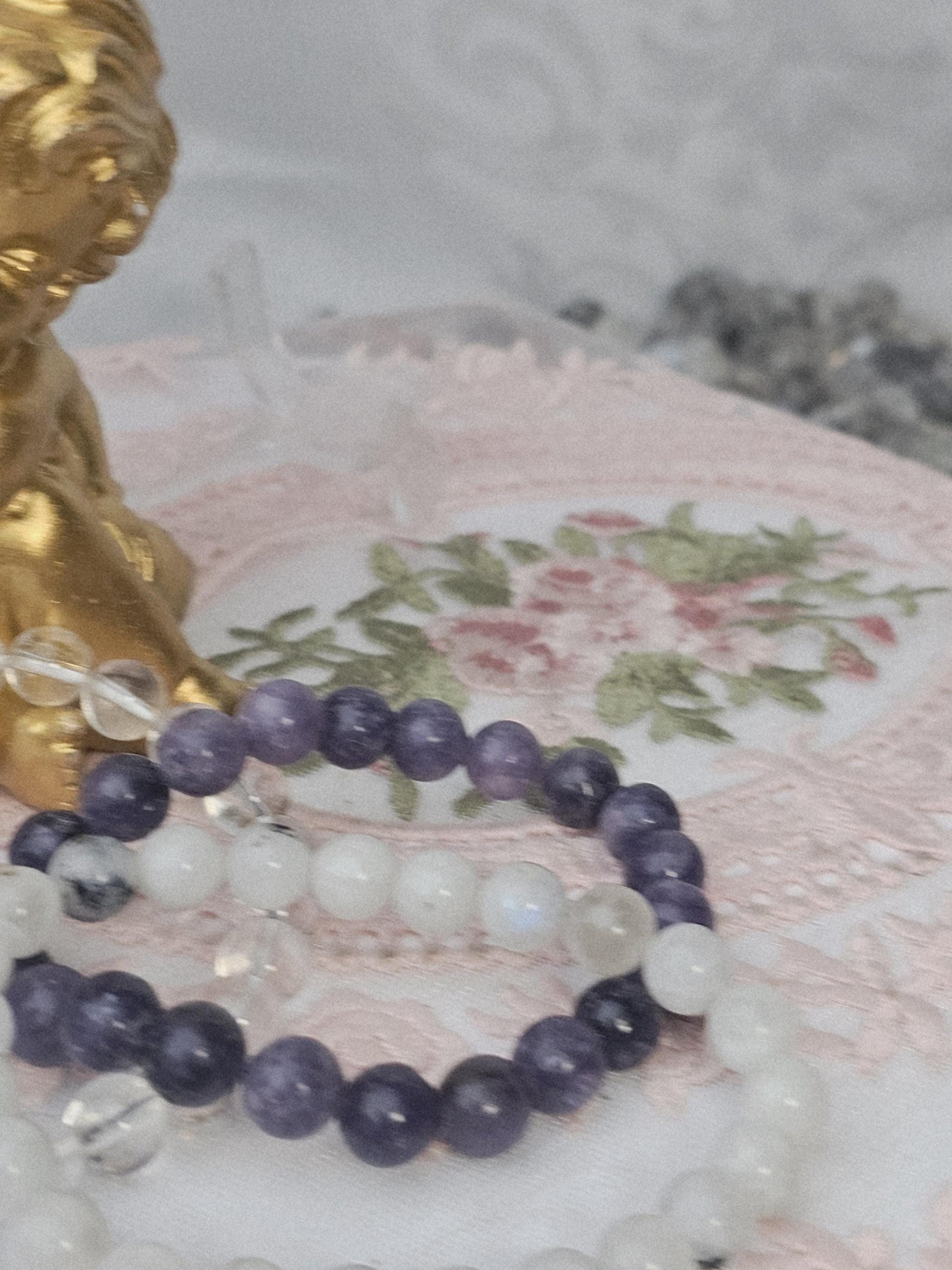 Lepidolite Moonstone Quartz Bracelet Set, Boho Crystal Healing