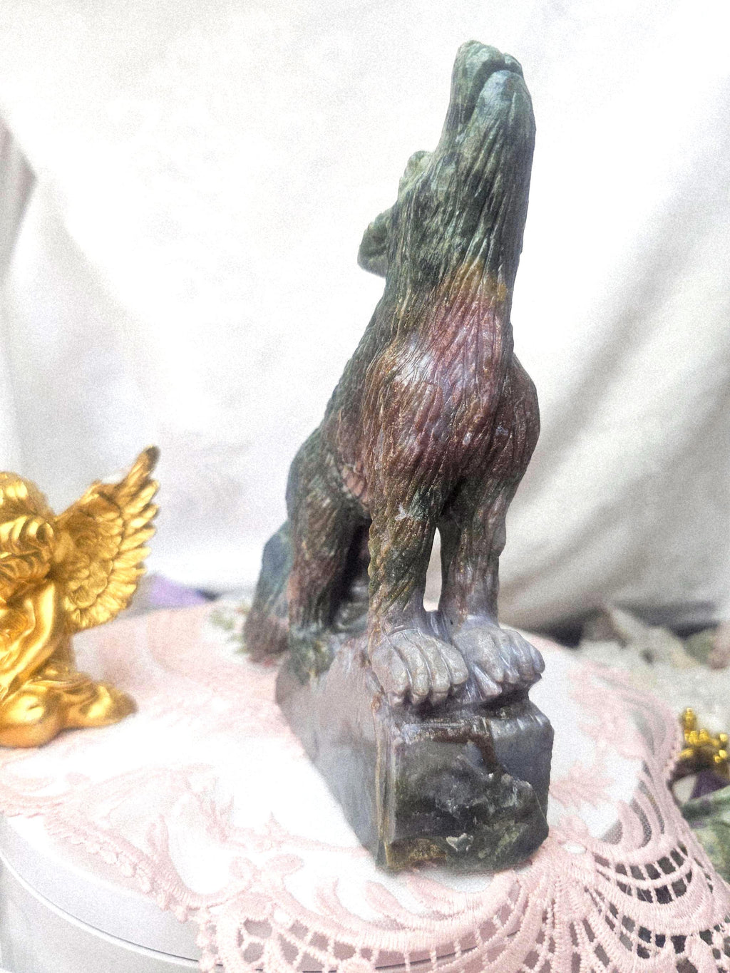 Colorful Druzy Ocean Jasper Wolf, Statement Piece, Wolf