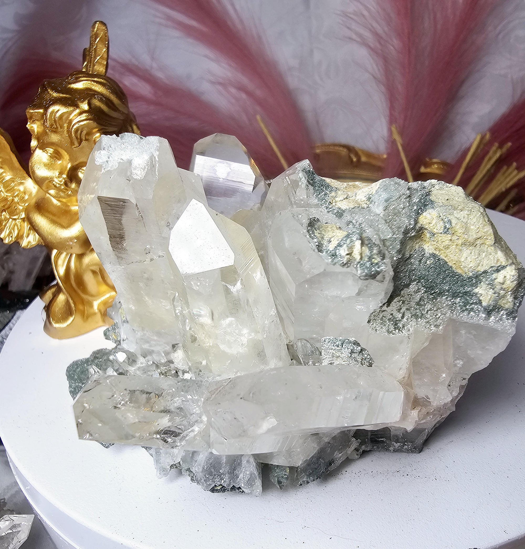 RARE LG  Lemurian Quartz Cluster in Fuschite, Columbia, Crystal Cluster