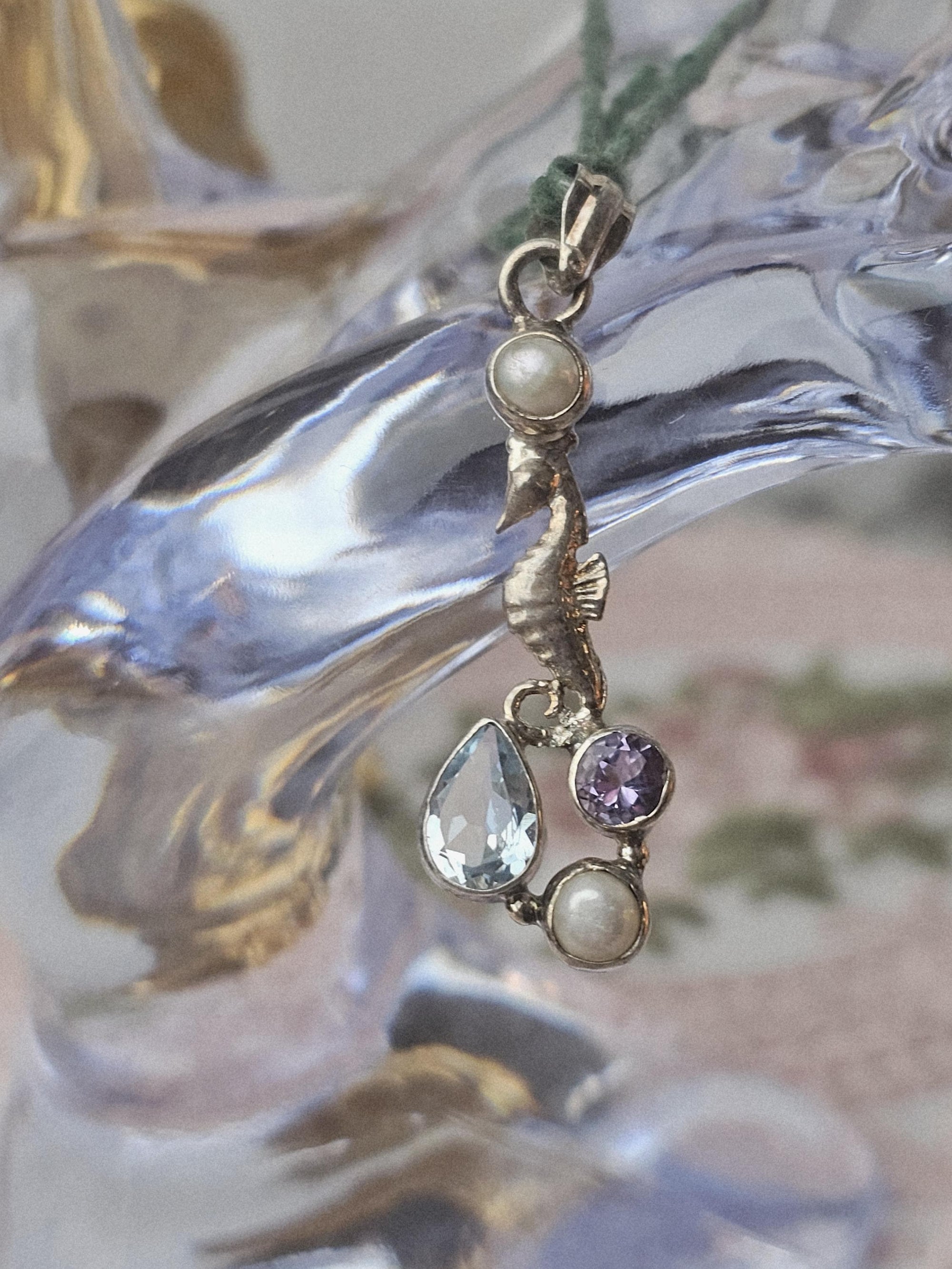 Aquamarine Seahorse 925 Silver Pendant, Amethyst and Pearl