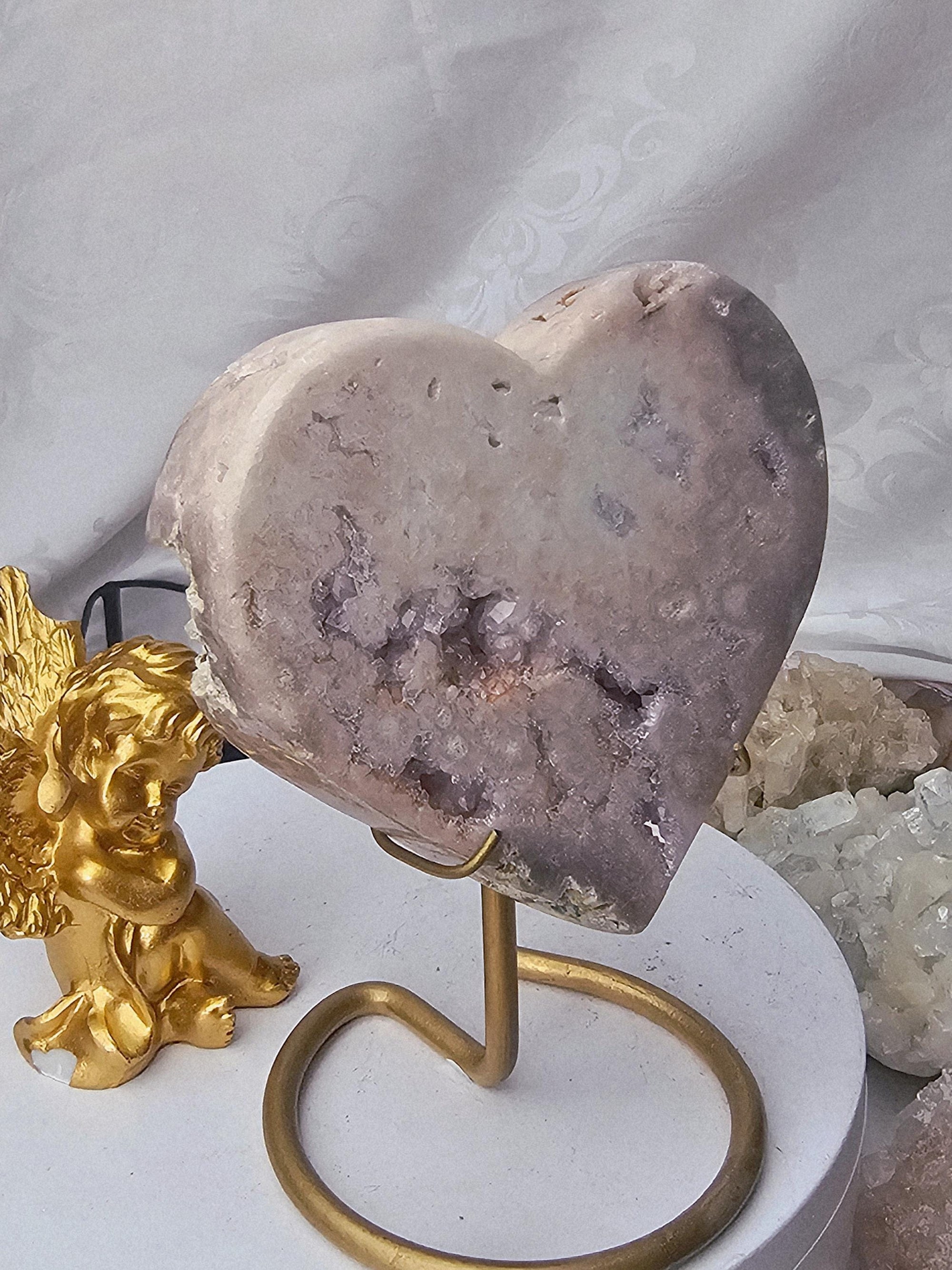 Pink Amethyst Druzy Heart, Brazilian Crystal on Gold Stand