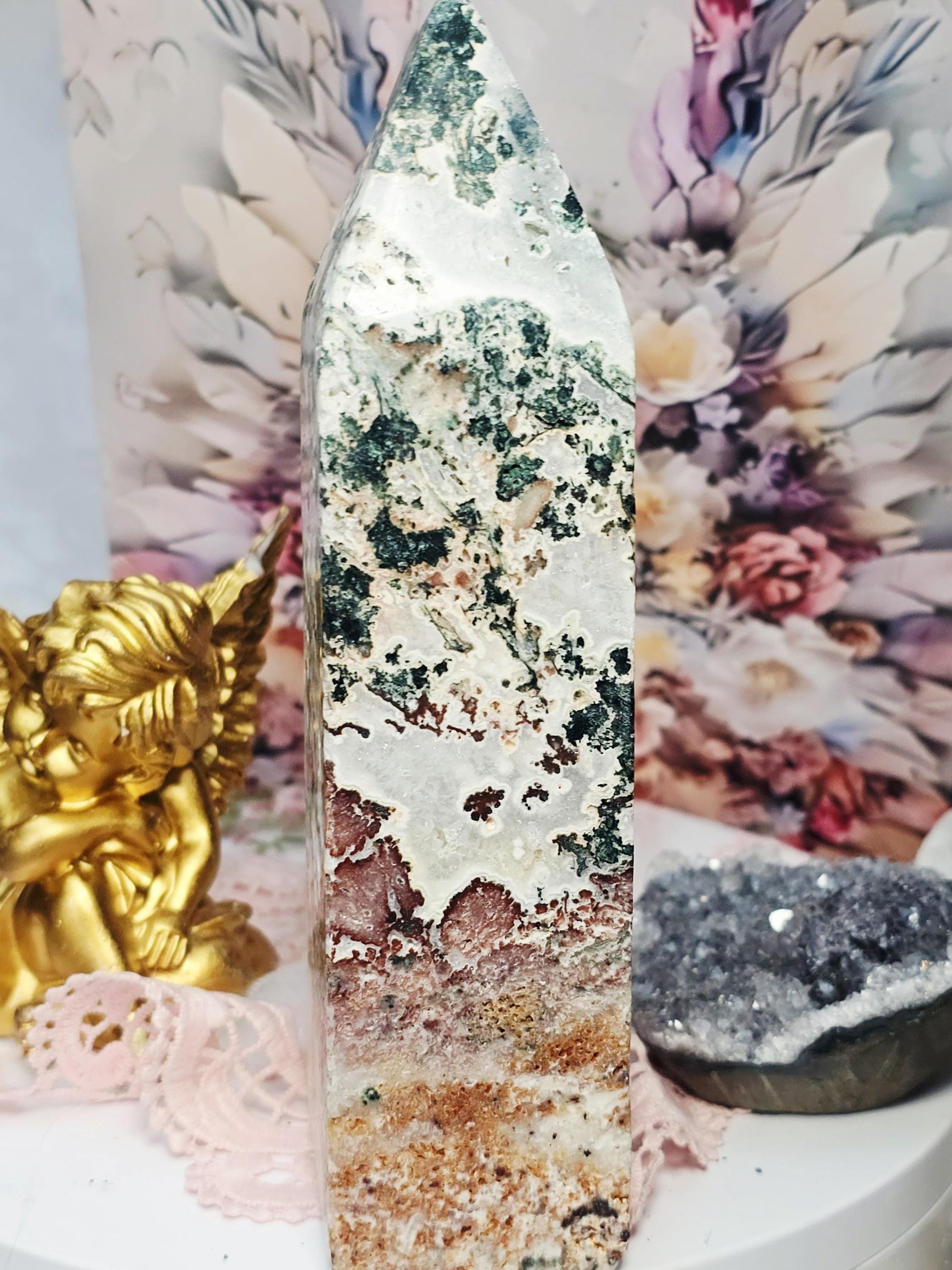 Rare Pink Amethyst Moss Agate Tower, Large Crystal Point, Crystals, Healing crystals, Calming Stone