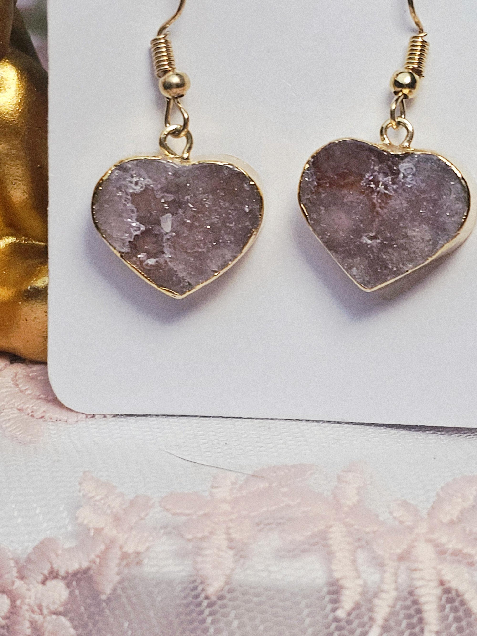 Handmade Pink Amethyst Heart Earrings, Gold Jewelry