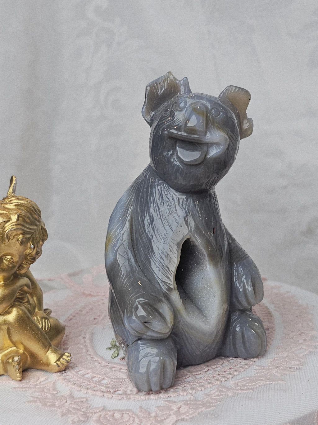 Banded Agate Koala,  Bear Statue, Druzy Agate Crystal, Home Decor, Sculpture, Koala