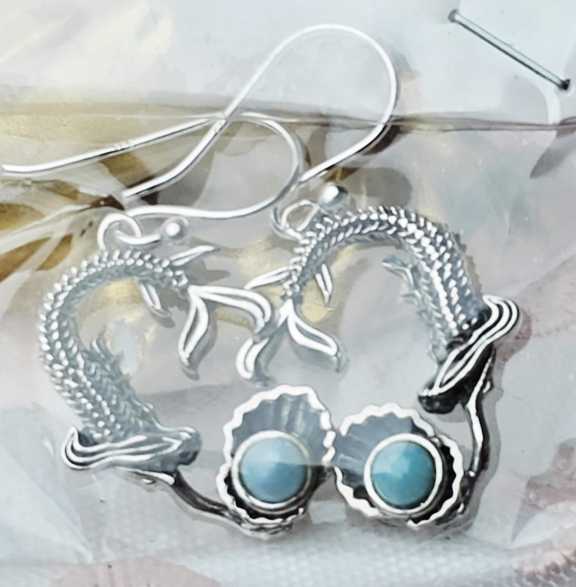 Handmade Larimar Mermaid Earrings, , Natural Larimar Stone, From Dominican Republic, Mermaid Pendant