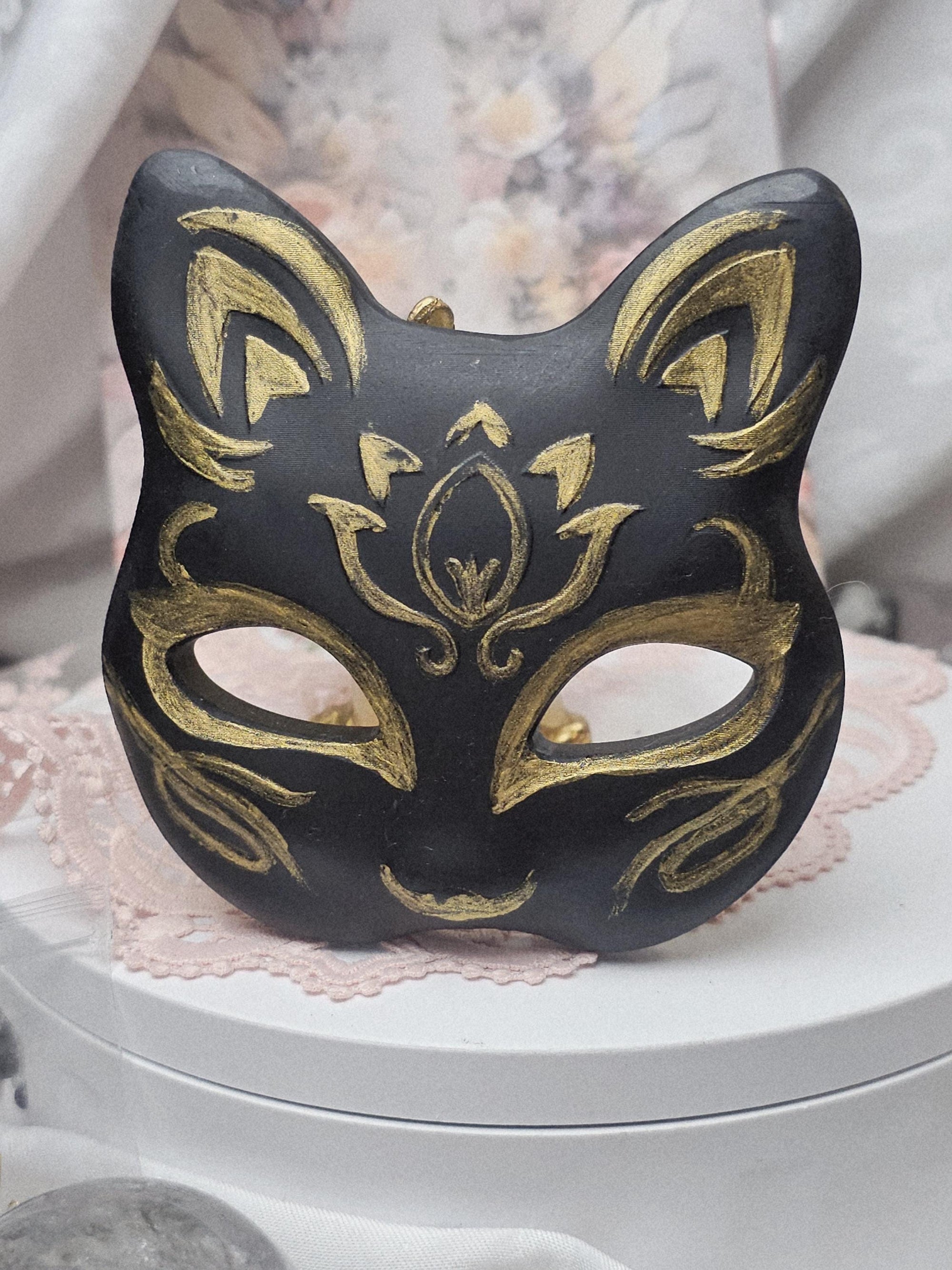 Handmade Black Obsidian Fox Mask, Gold Painted Kitsune