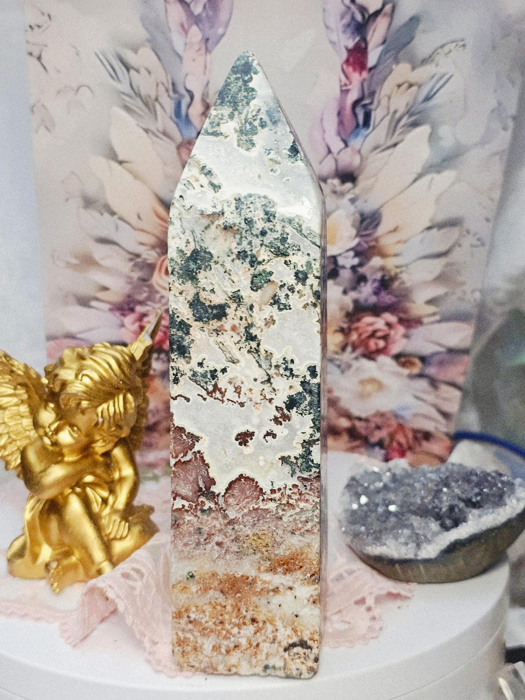 Rare Pink Amethyst Moss Agate Tower, Large Crystal Point, Crystals, Healing crystals, Calming Stone