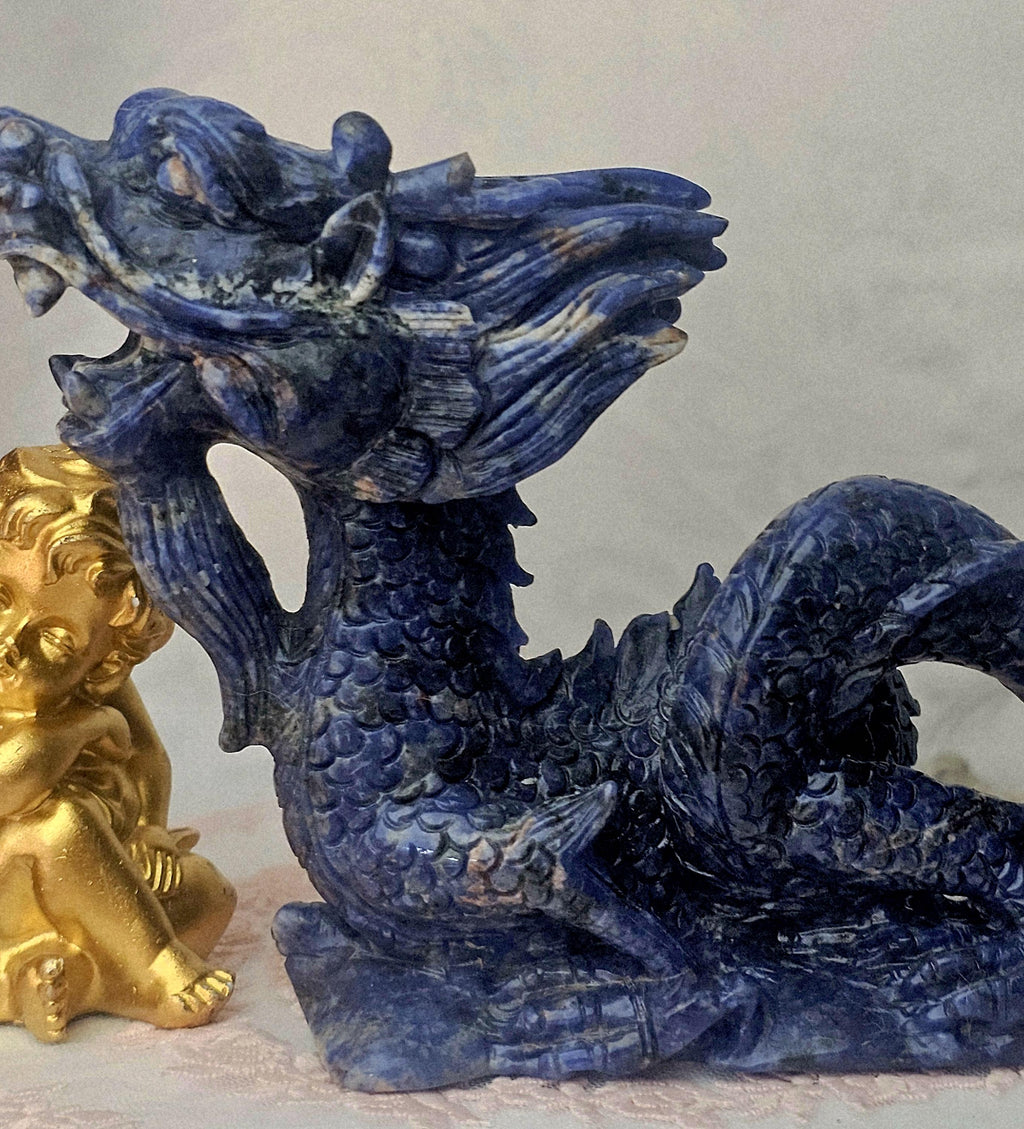 Sodalite Crystal Dragon Sculpture, Healing Home Decor