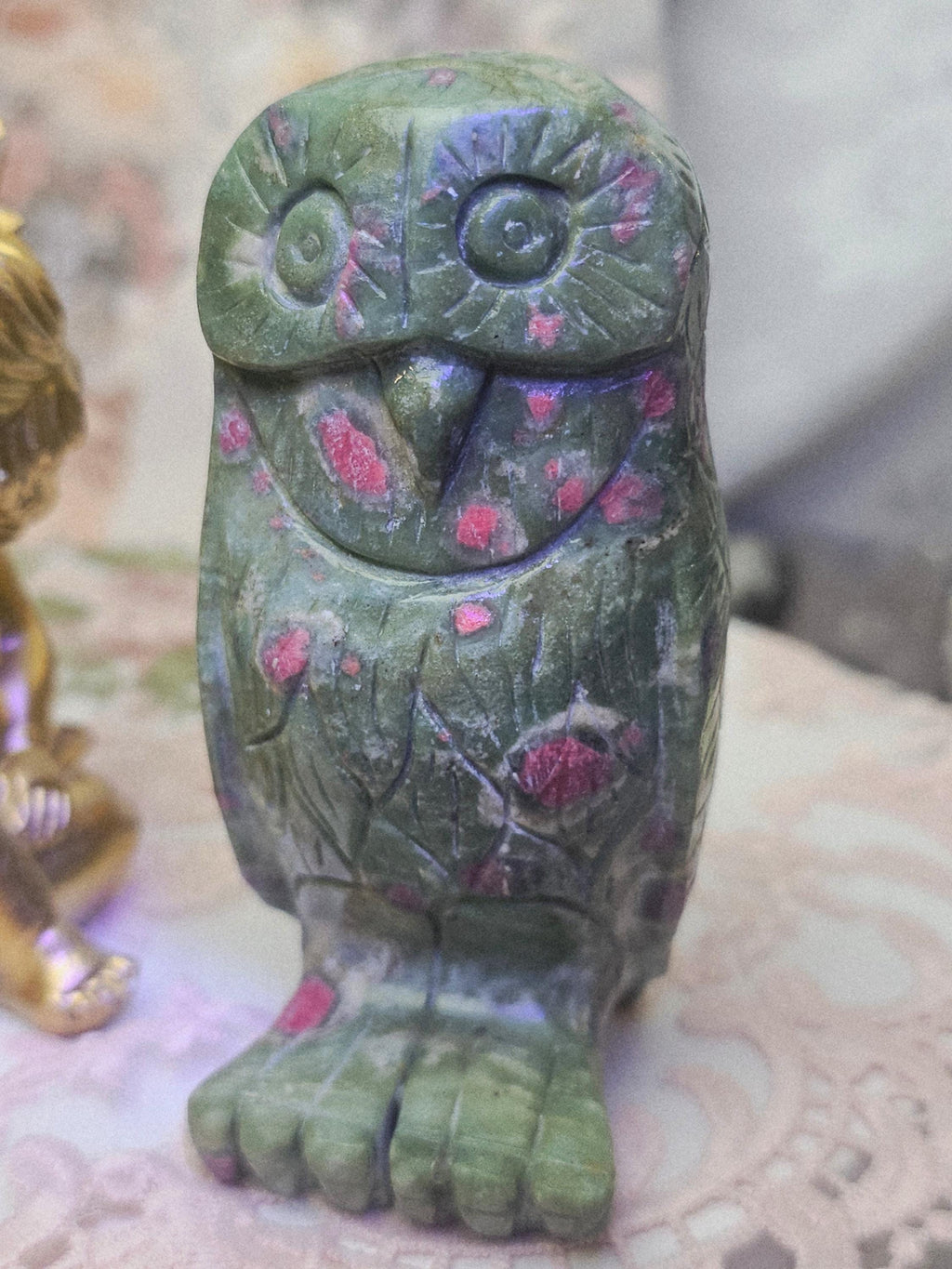 Ruby Fuchsite Owl Carving, Reiki Crystal Decor