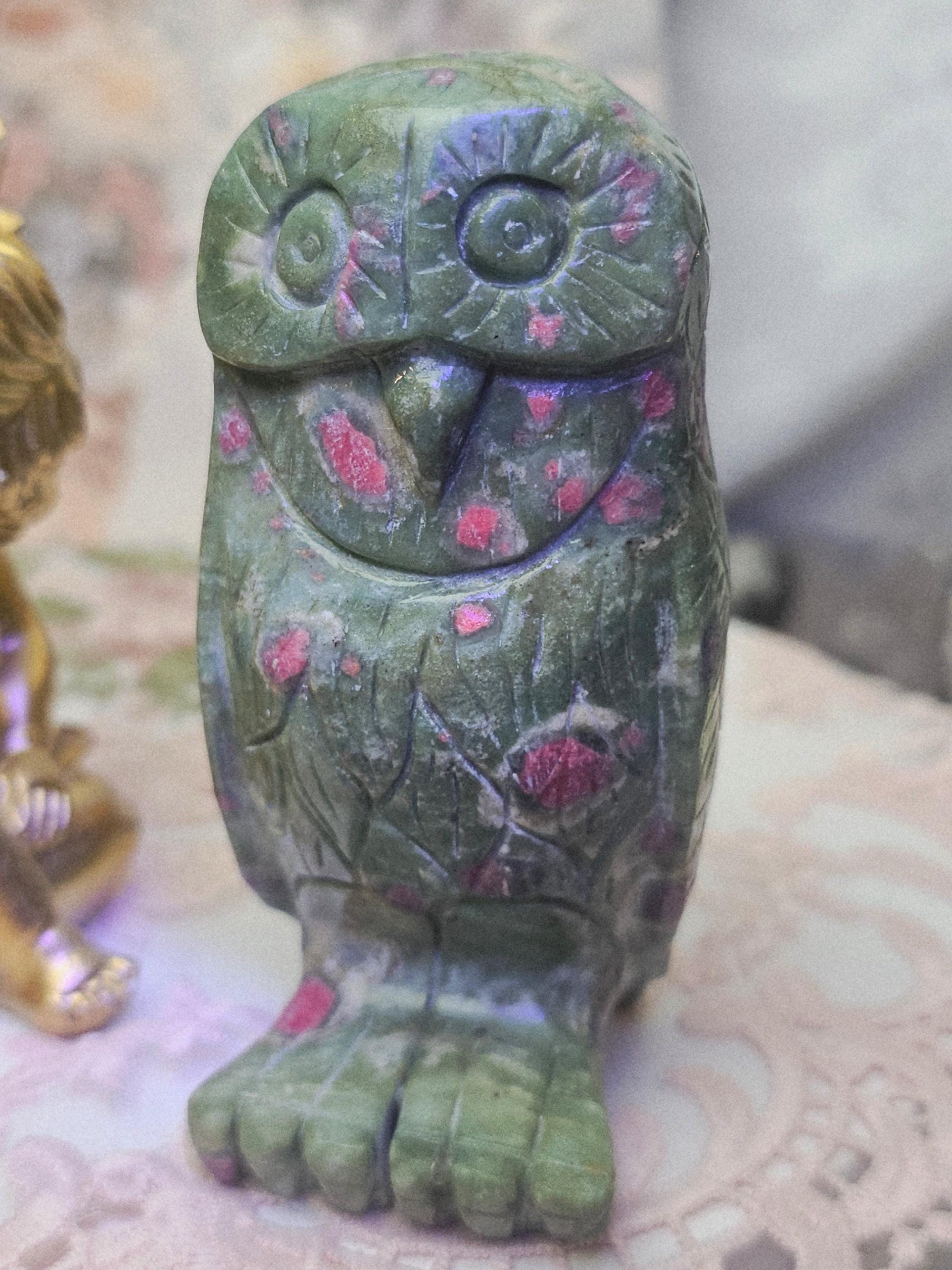 Ruby Fuchsite Owl Carving, Reiki Crystal Decor