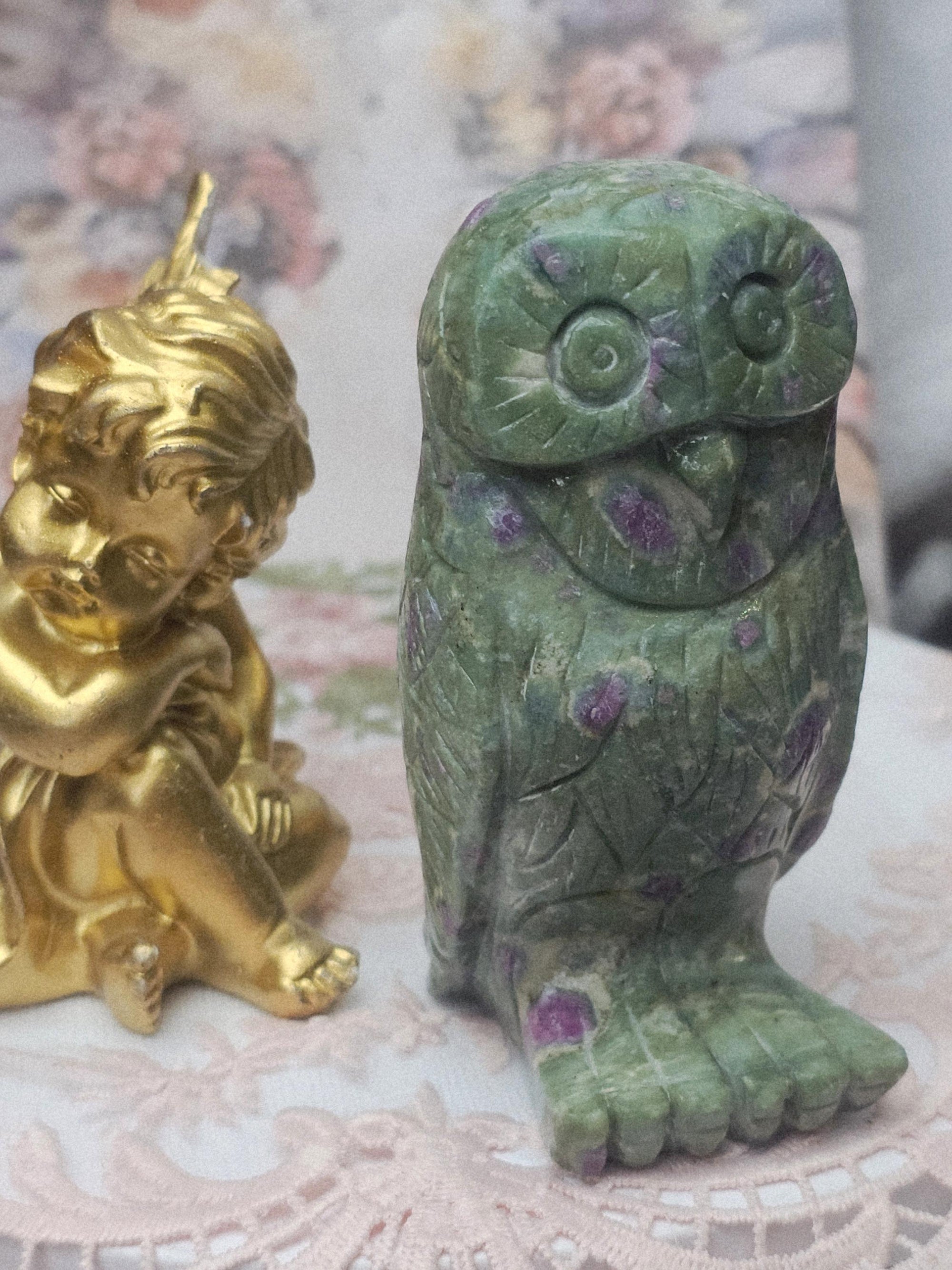 Ruby Fuchsite Owl Carving, Reiki Crystal Decor