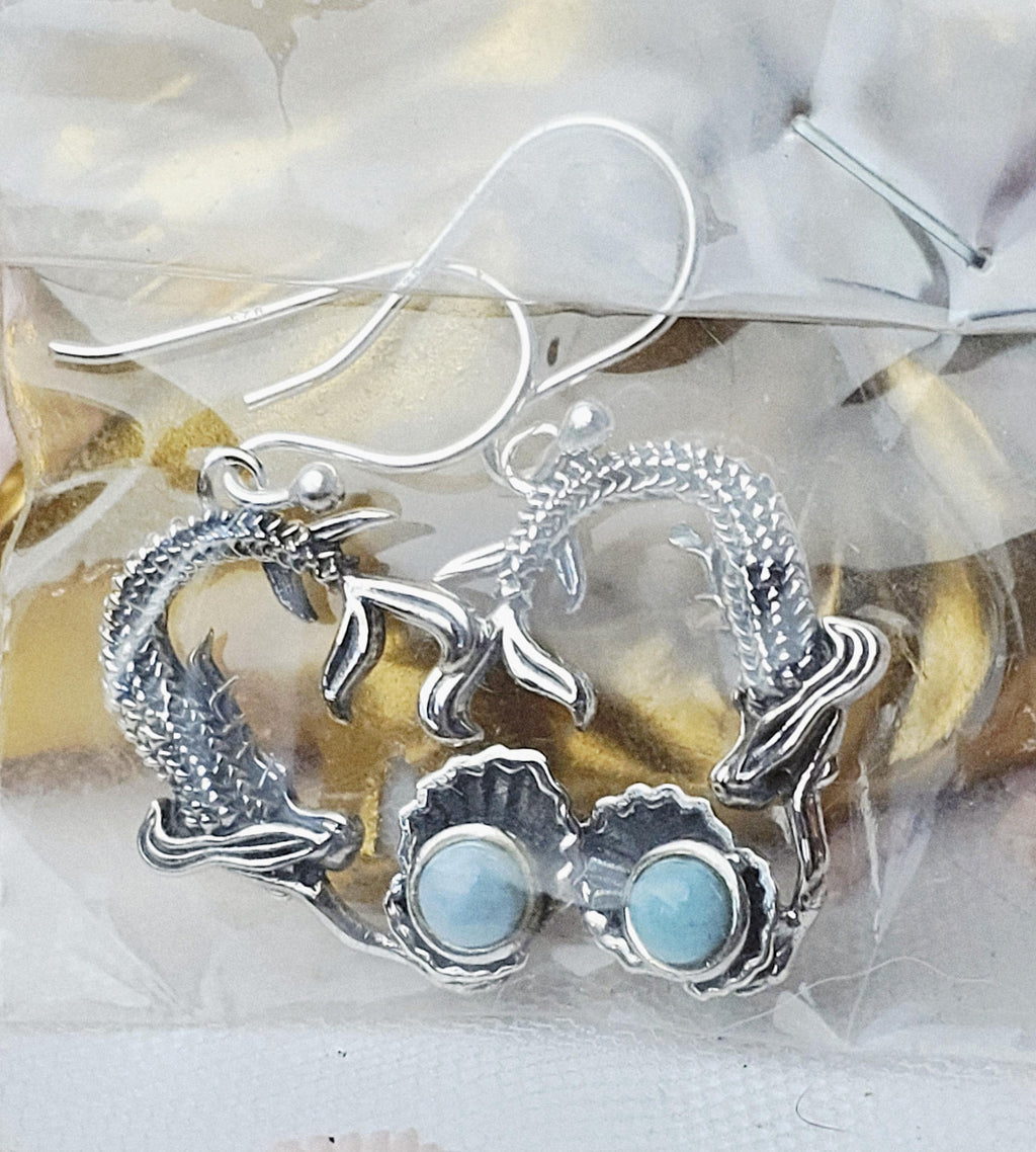 Handmade Larimar Mermaid Earrings, Dominican Republic Stone