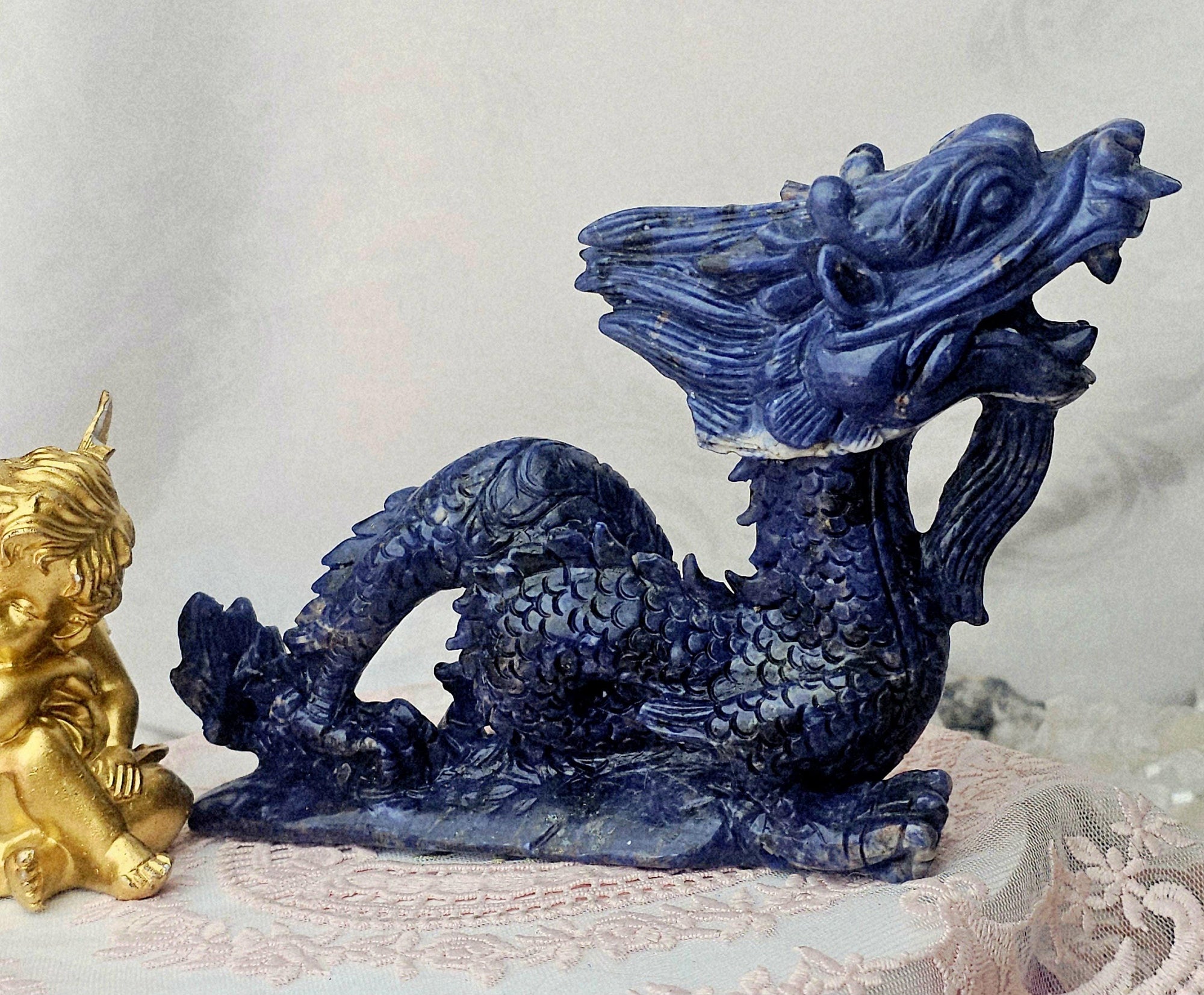 Sodalite Crystal Dragon Sculpture, Healing Home Decor