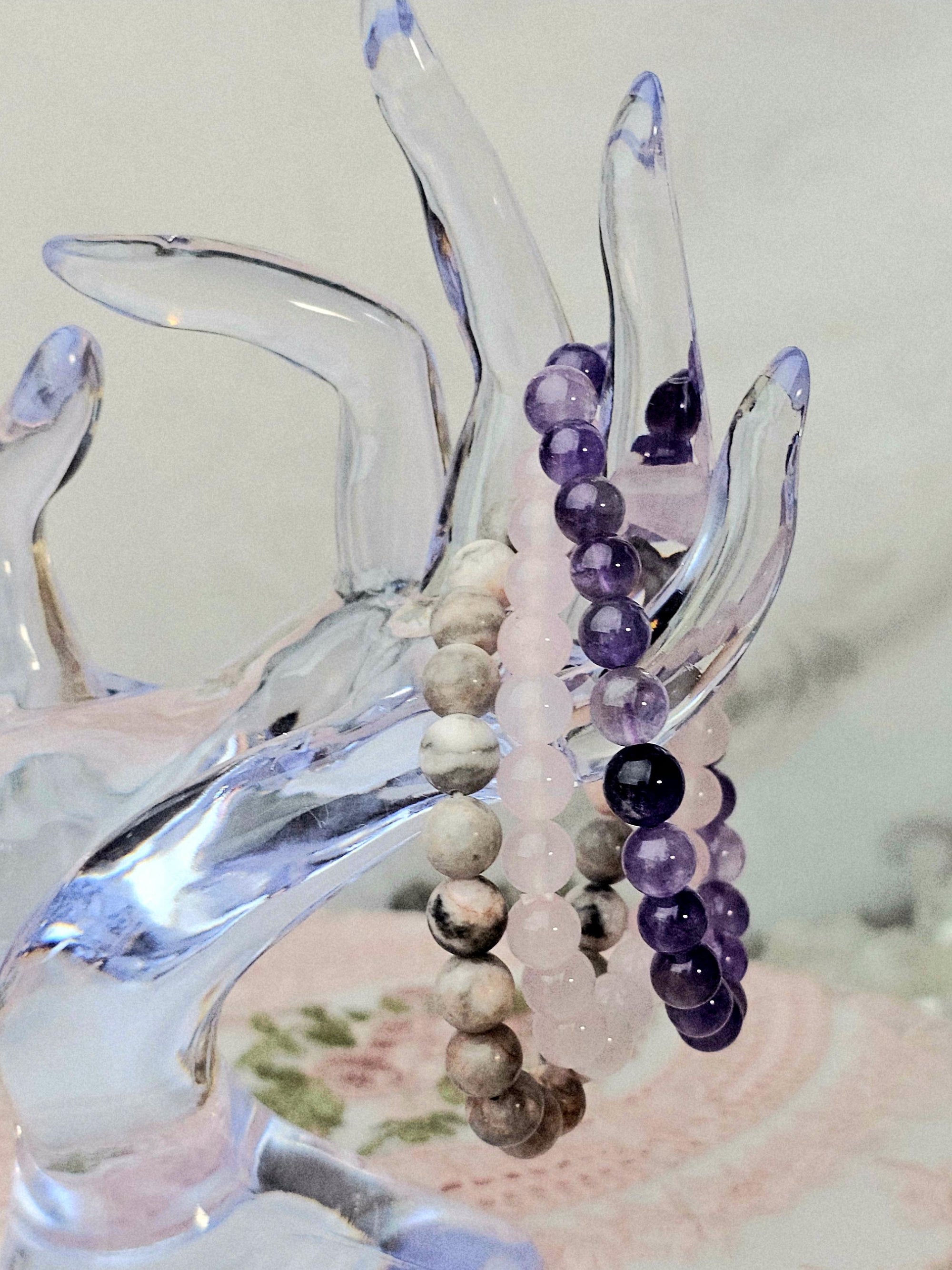 Amethyst & Pink Zebra Jasper Bracelet Set – Reiki Cleansed Gemstones