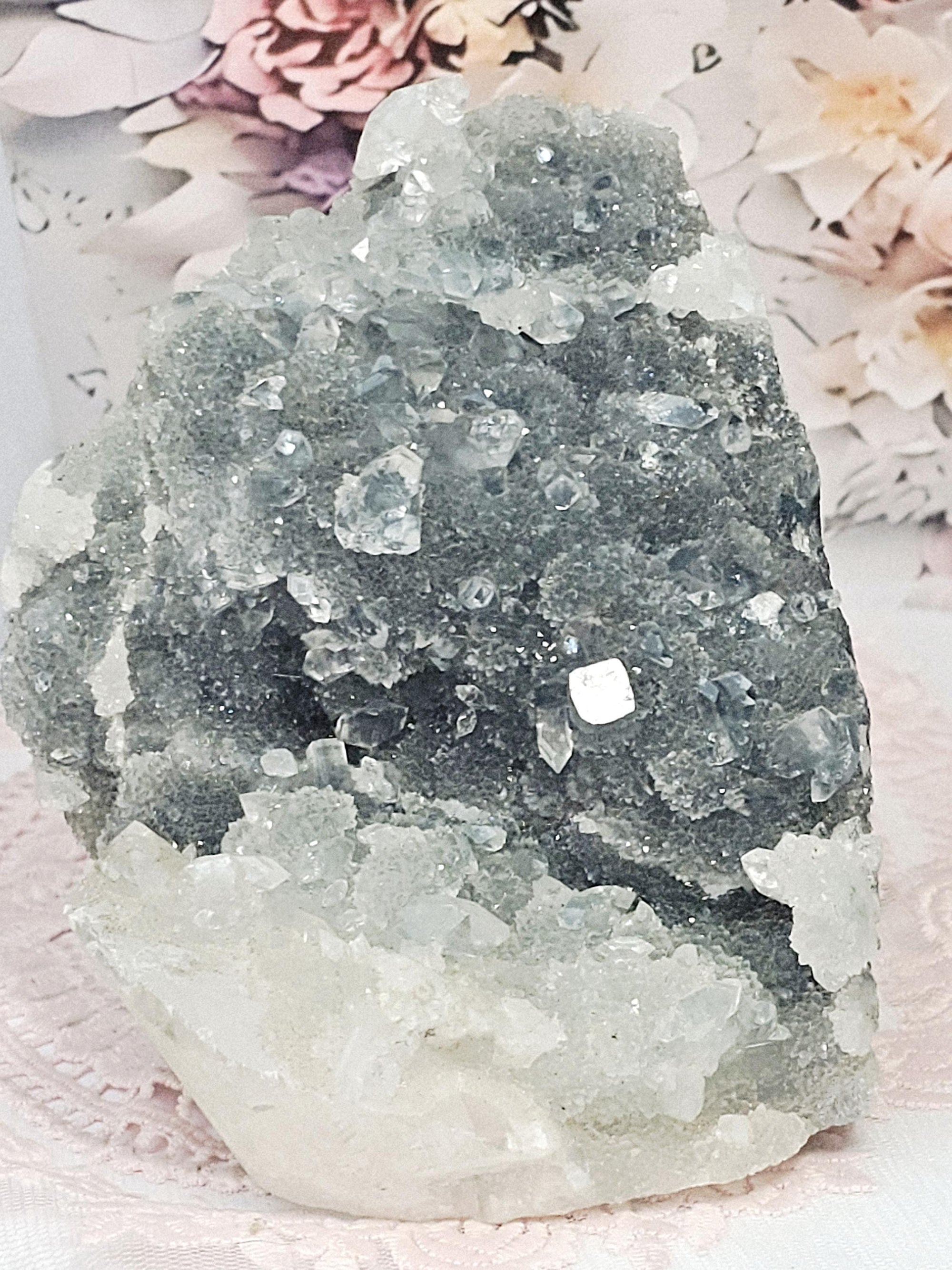 Blue Chalcedony woth Diamond Apophyllite and Calcite from India , Apophyllite, Crystal, Crystal