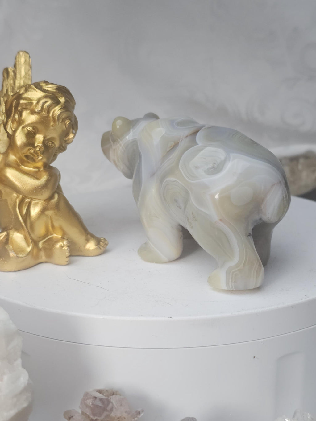 Banded Agate Bear Statue, Druzy Crystal Sculpture, Home Decor