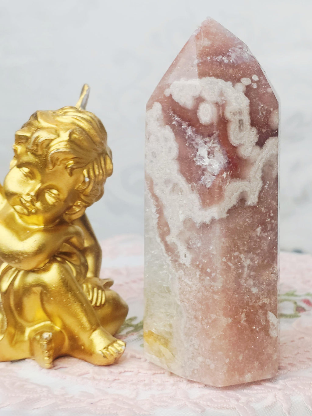 Pink Amethyst Tower, Golden Healer Druzy Crystal, Reiki Infused