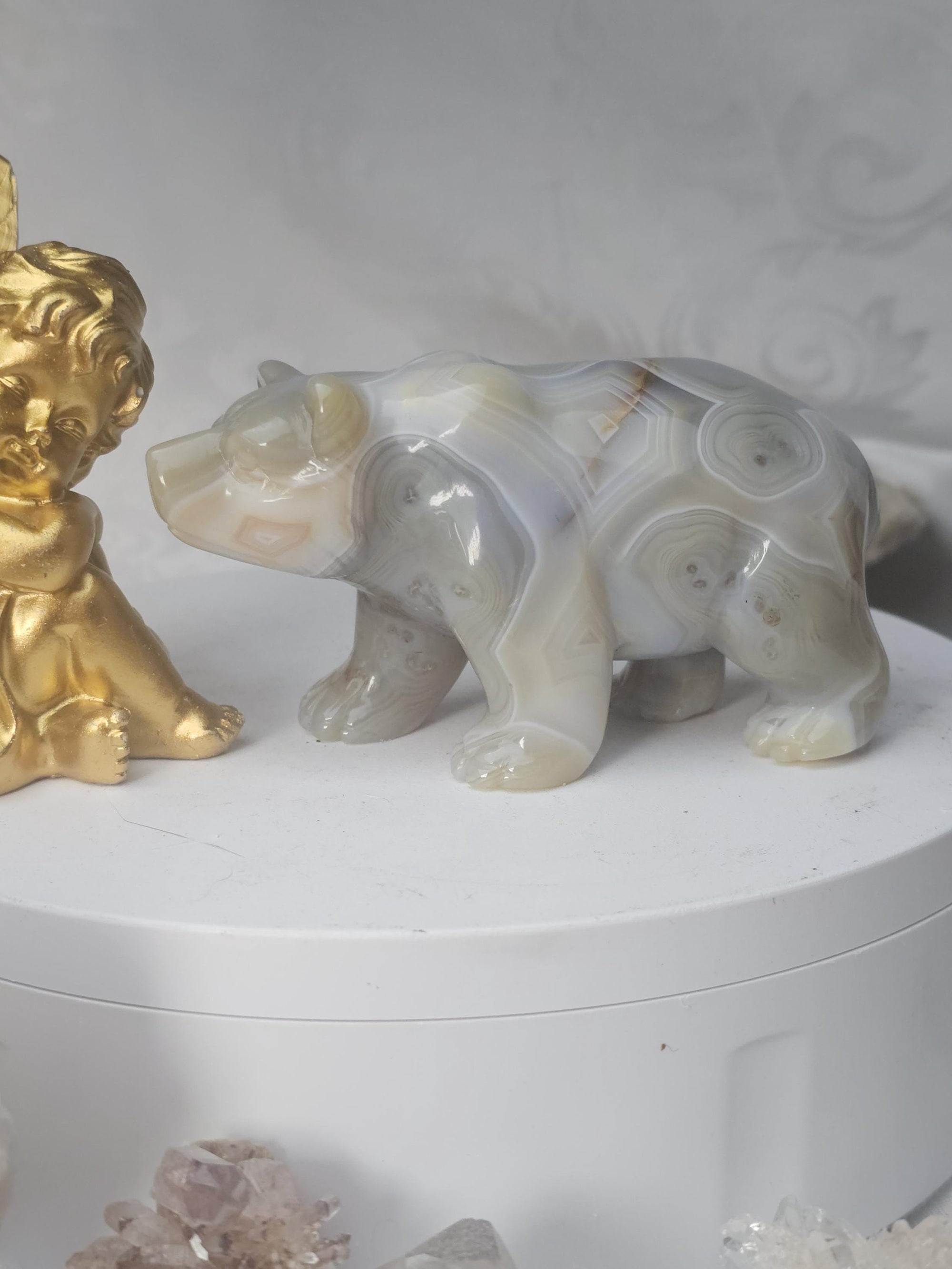 Banded Agate Bear Statue, Druzy Crystal Sculpture, Home Decor