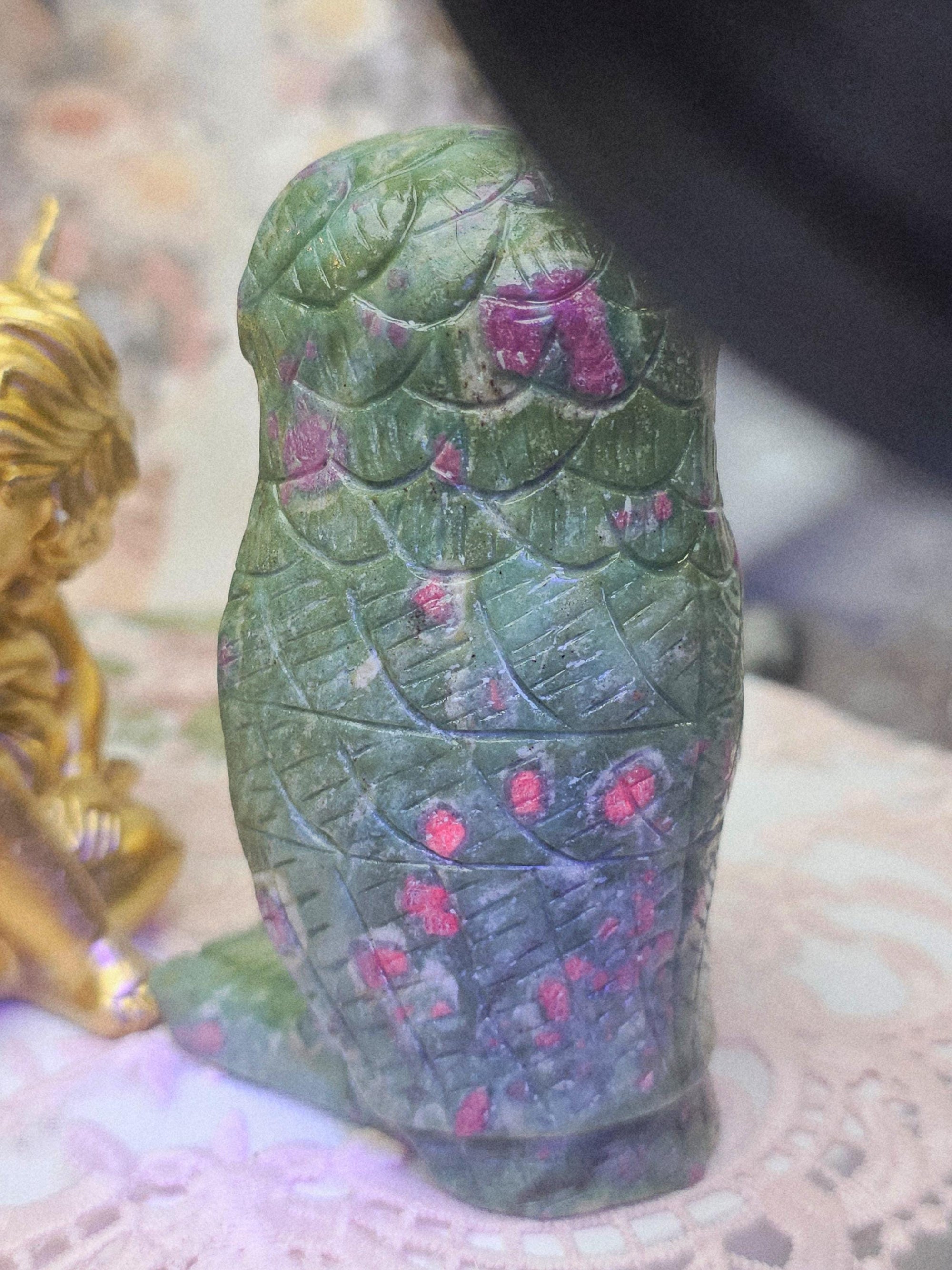 Ruby Fuchsite Owl Carving, Reiki Crystal Decor