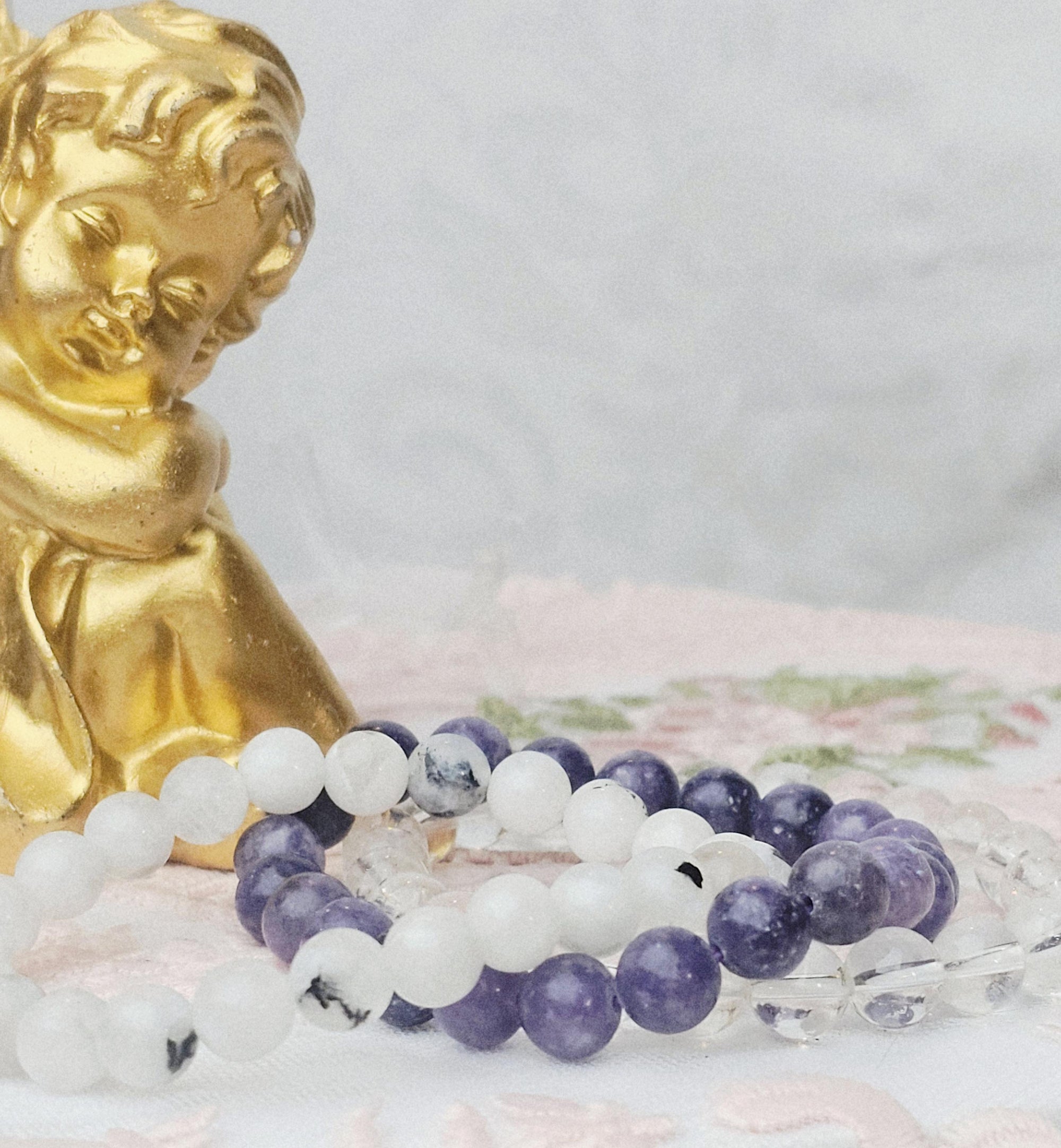 Lepidolite Moonstone Quartz Bracelet Set, Boho Crystal Healing