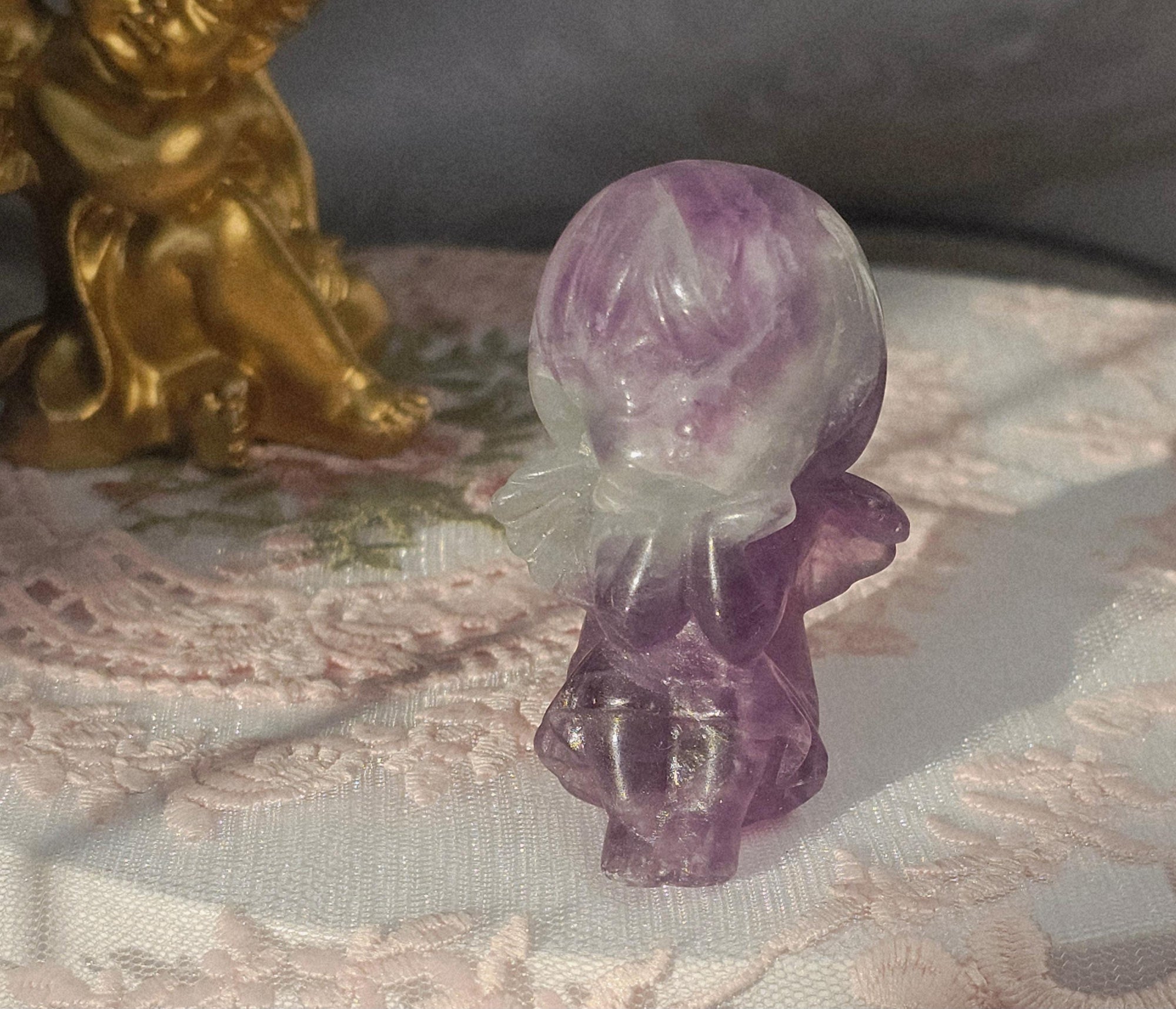 Fluorite Angel Sculpture, Handmade Crystal Figurine