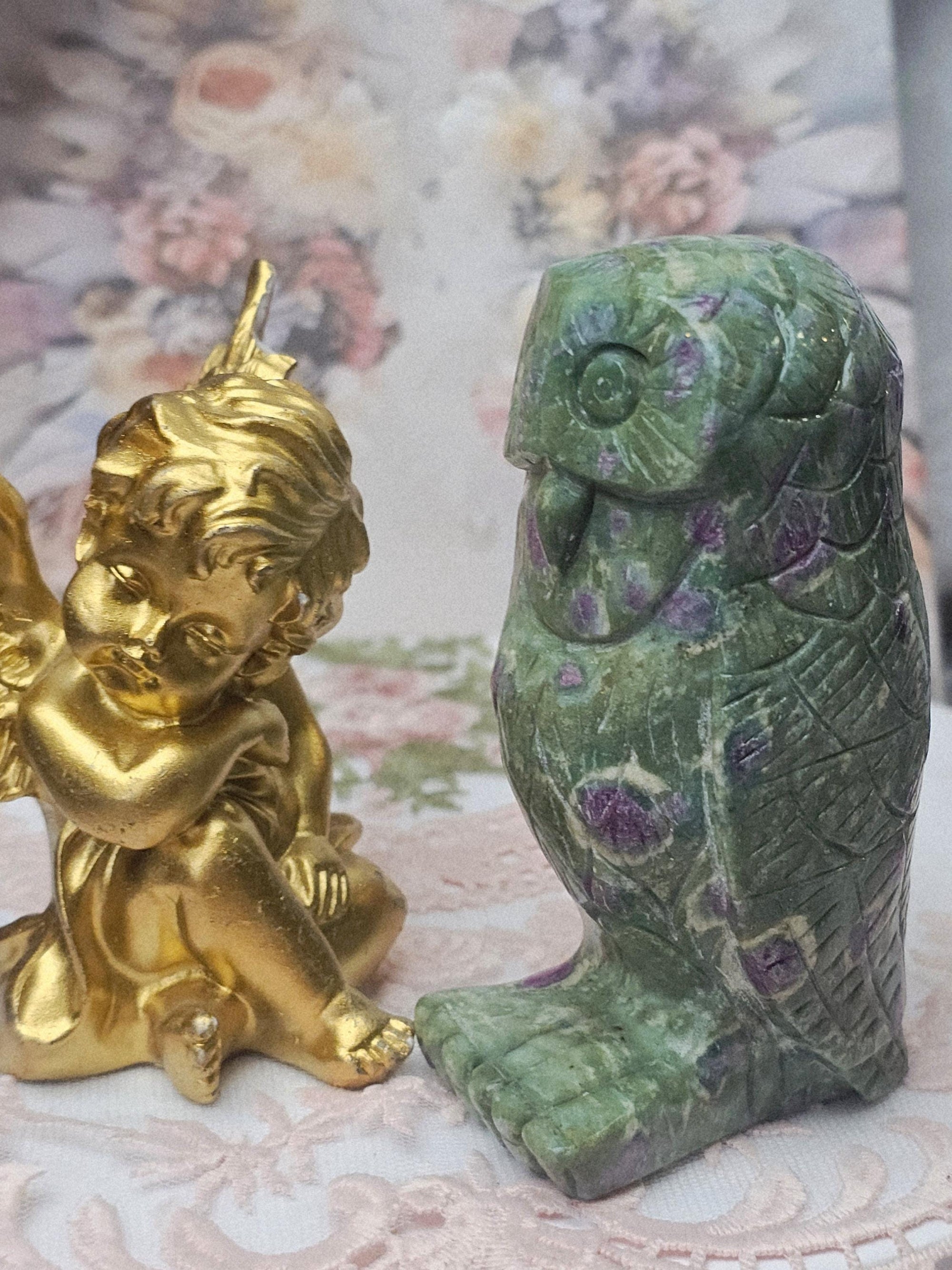 Ruby Fuchsite Owl Carving, Reiki Crystal Decor