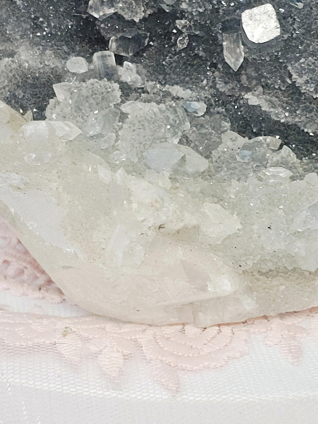 Blue Chalcedony woth Diamond Apophyllite and Calcite from India , Apophyllite, Crystal, Crystal