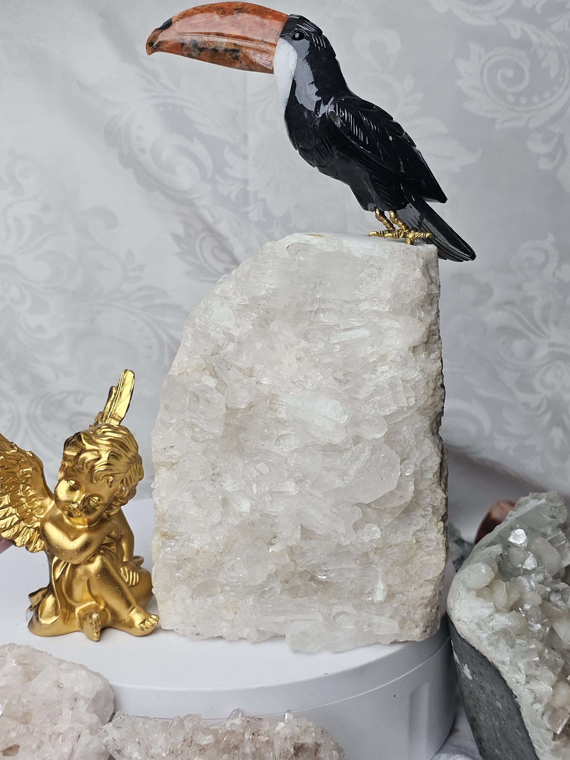 LG Toucan on Quartz Cluster, Obsidian, Sunstone and Quartz Bird, Crystal Bird, Bird Sculpture, Gift
