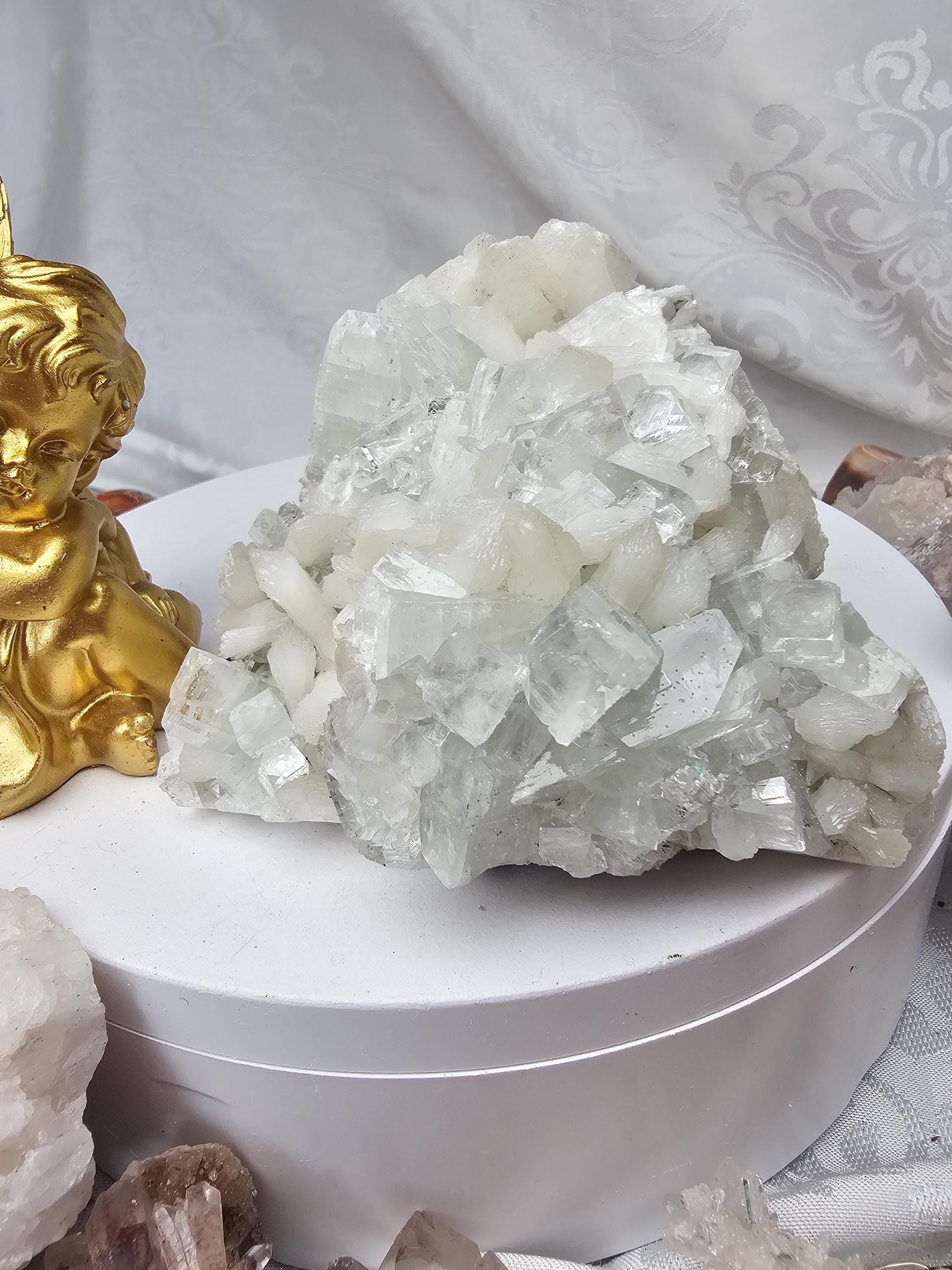 RARE Snow White Sugar Apophyllite with Stillbite from India , Apophyllite, Crystal, Crystal