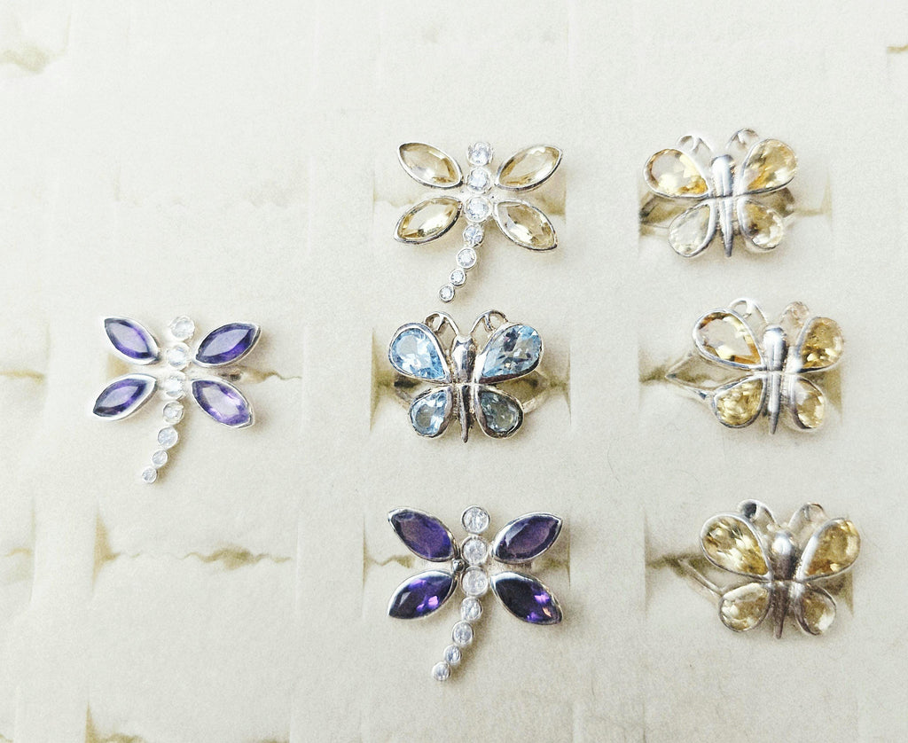 925 Silver Butterfly Dragonfly Crystal Ring, Handmade