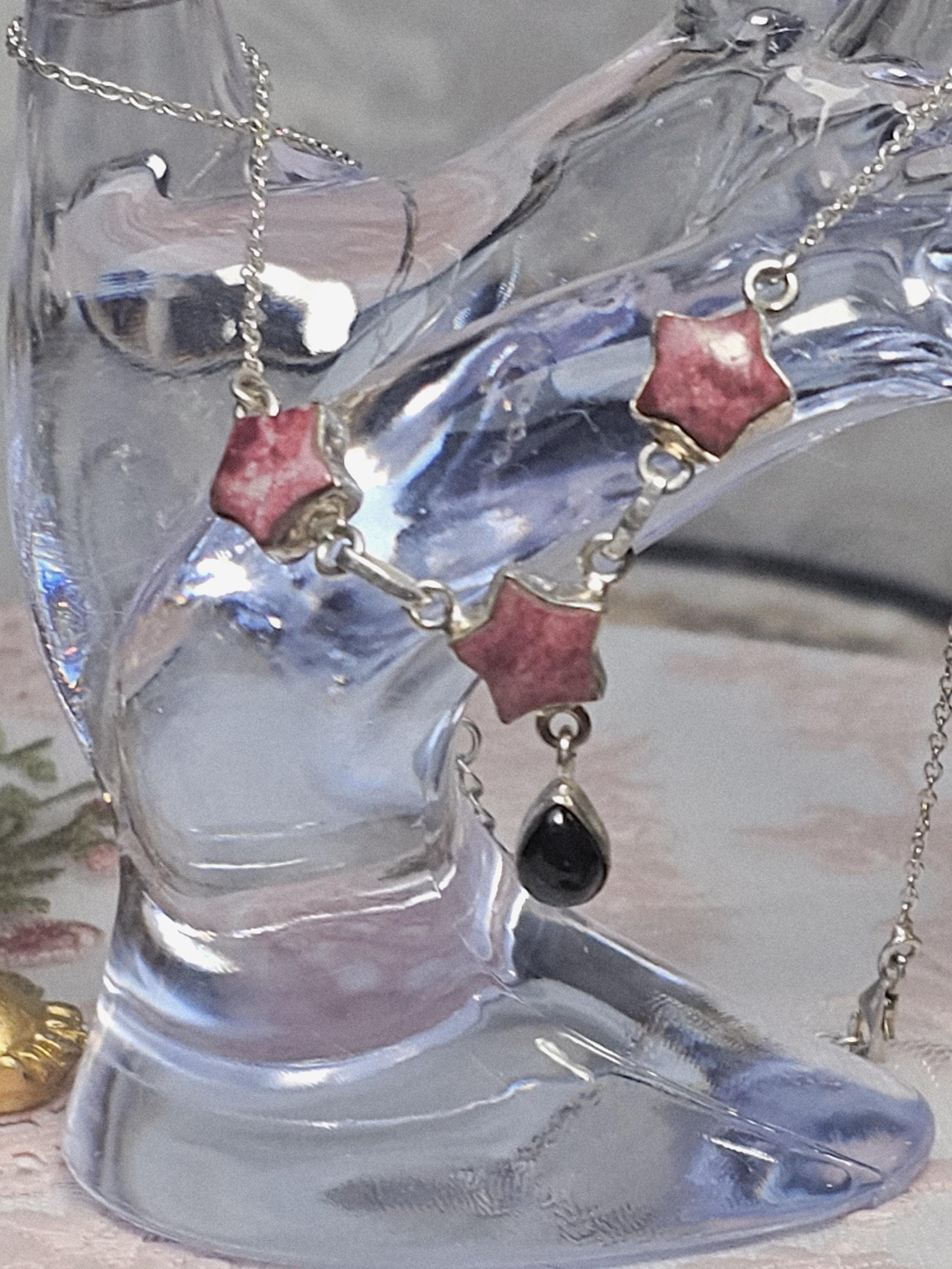 Thulite and Obsidian 925 Silver Necklace, - Birthstone Jewelry, Crystal necklace,  Gemstone Necklace