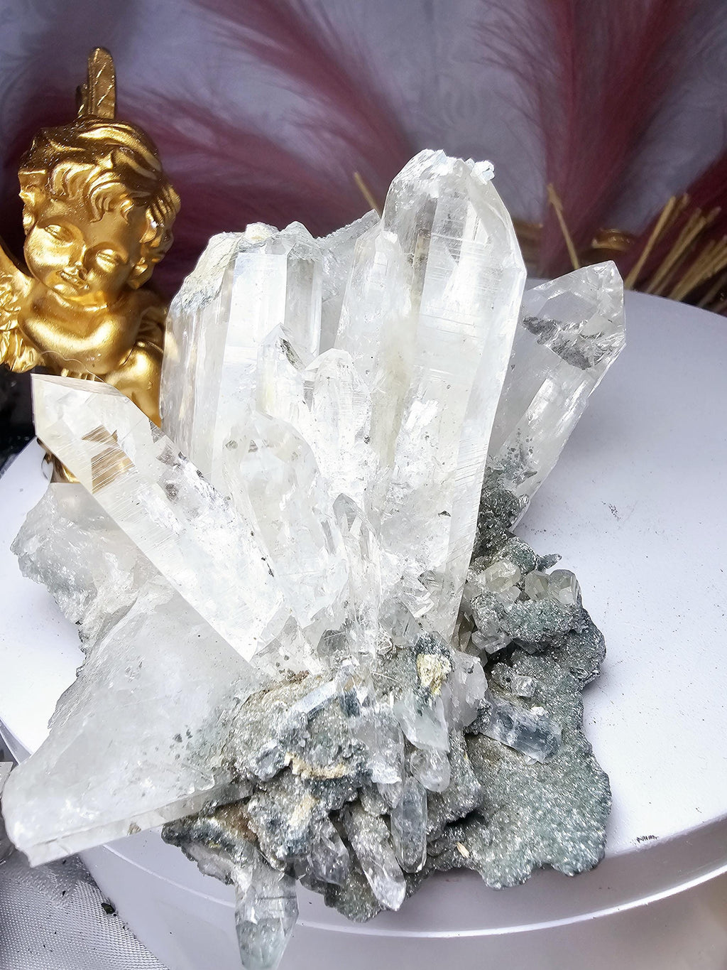 RARE LG  Lemurian Quartz Cluster in Fuschite, Columbia, Crystal Cluster