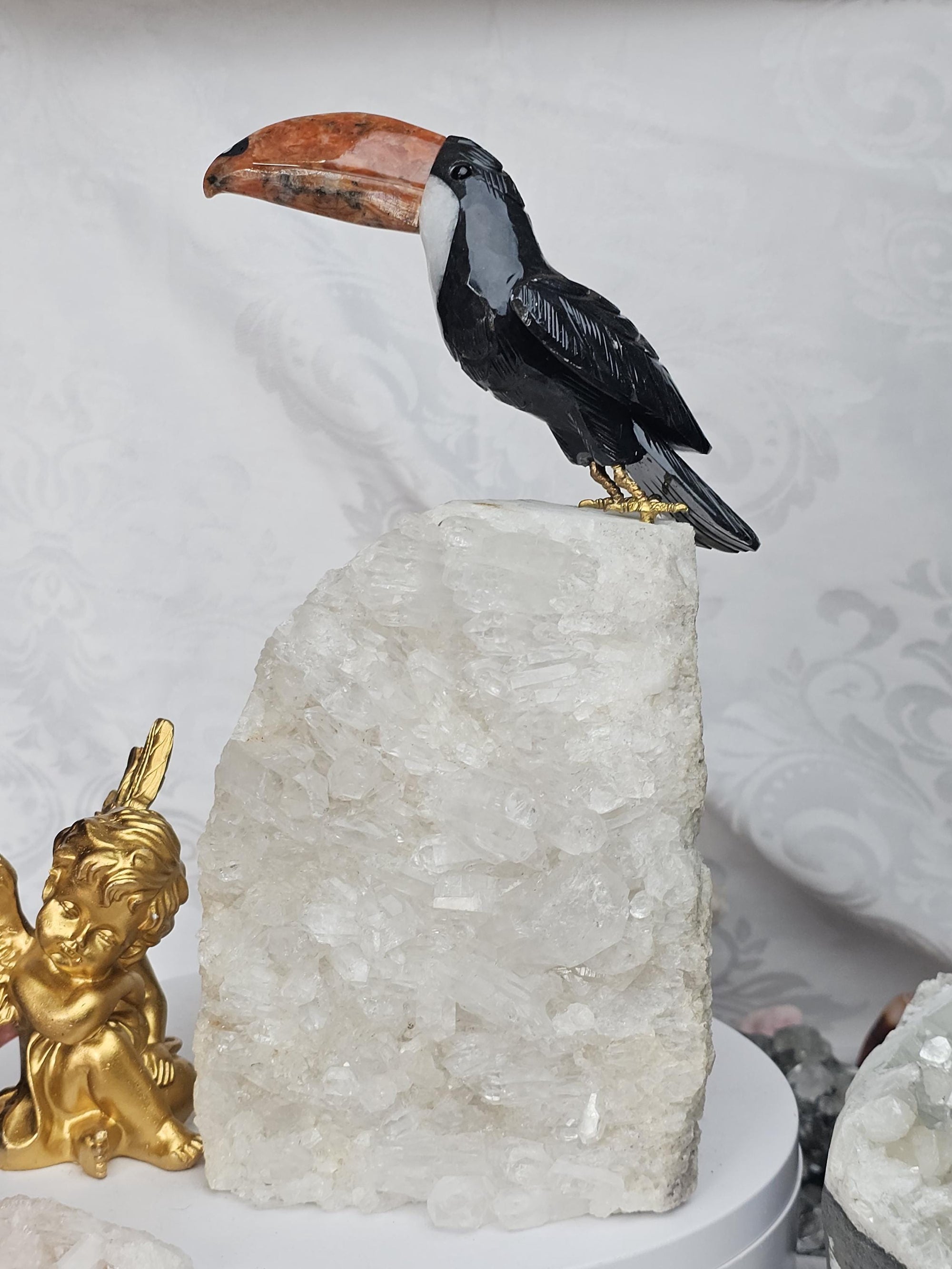 LG Toucan on Quartz Cluster, Obsidian, Sunstone and Quartz Bird, Crystal Bird, Bird Sculpture, Gift