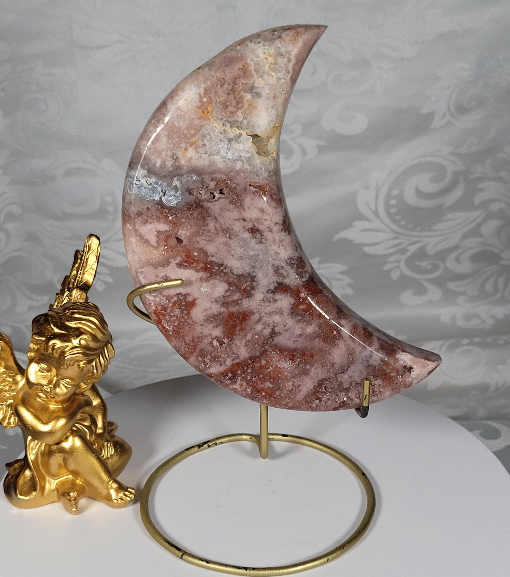 Pink Amethyst Druzy Moon Crystal, Display Stand