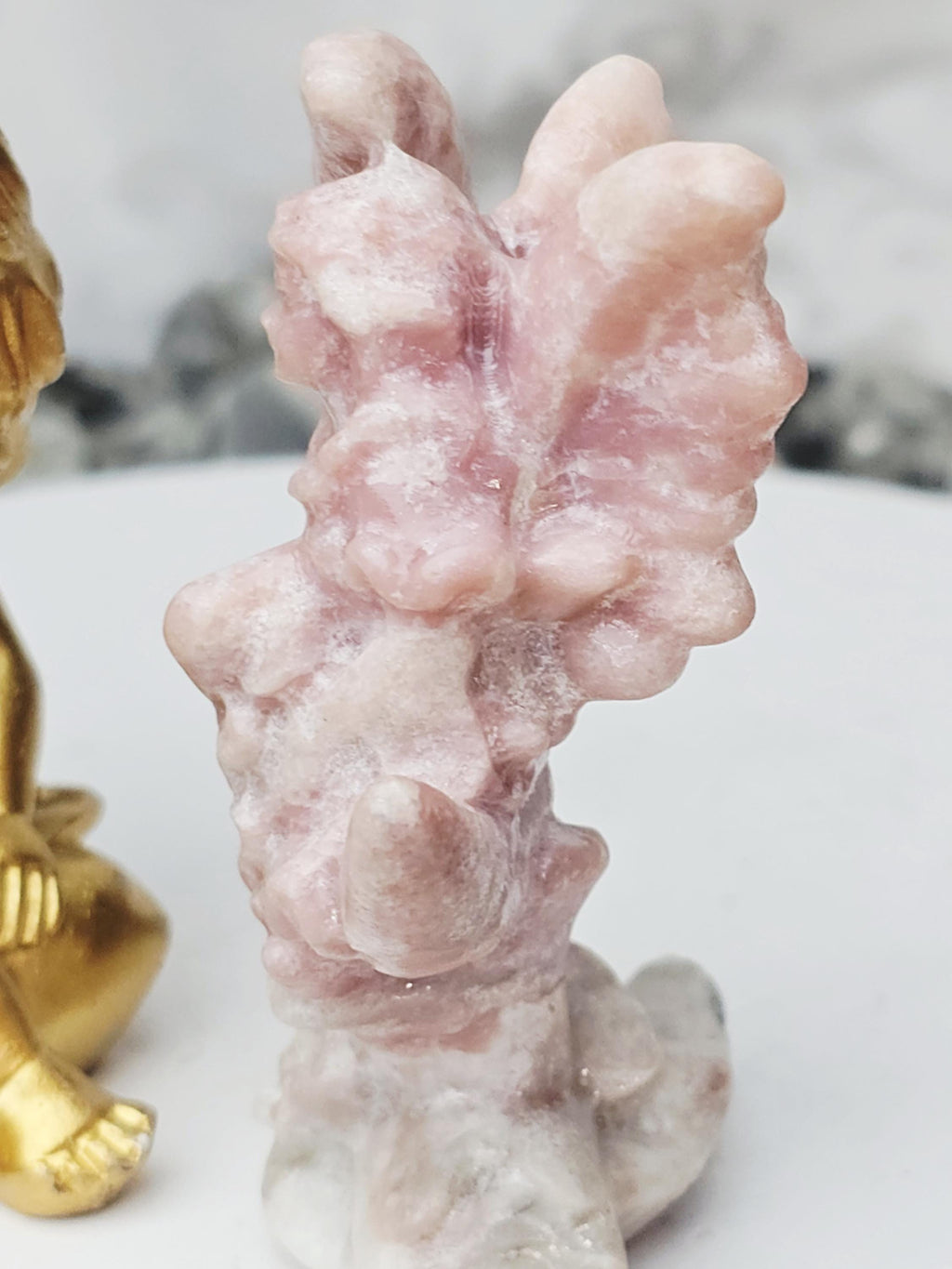 Pink Opal Fairy in a Moon , Pink Opal, Pink Fairy, Crystal Sculpture, Dragon, Fairy