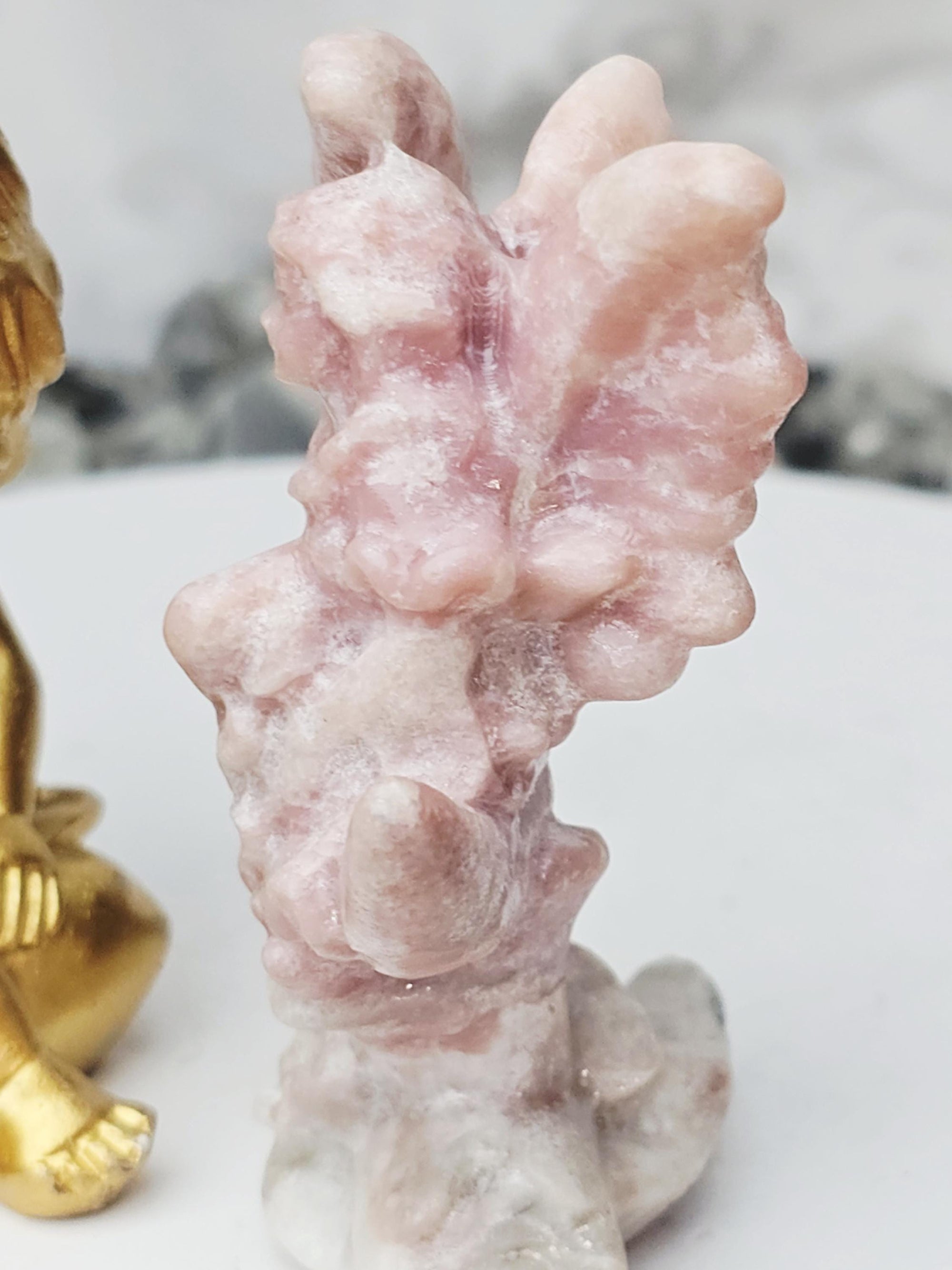 Pink Opal Fairy in a Moon , Pink Opal, Pink Fairy, Crystal Sculpture, Dragon, Fairy