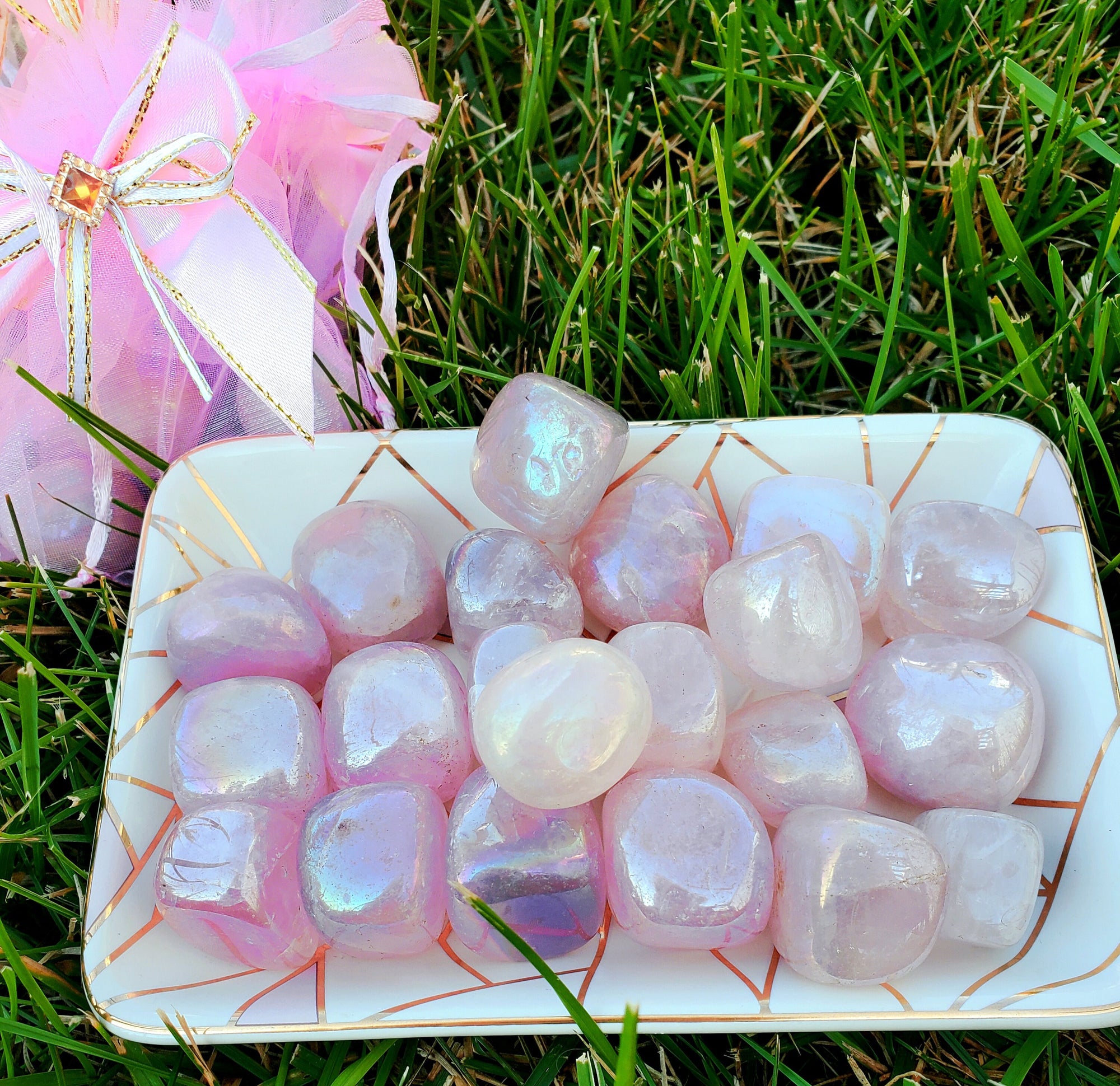 5 Large Angel Aura Tumble Stones Rose Quartz (~1.0") Gift Bags- Healing Crystals and Stones Gift Bags - Heart Chakra Gift bags, Crystal Gift