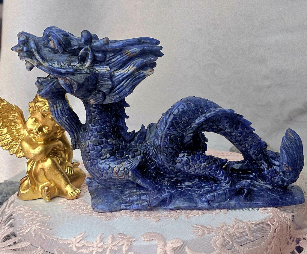 Sodalite Crystal Dragon Sculpture, Healing Home Decor