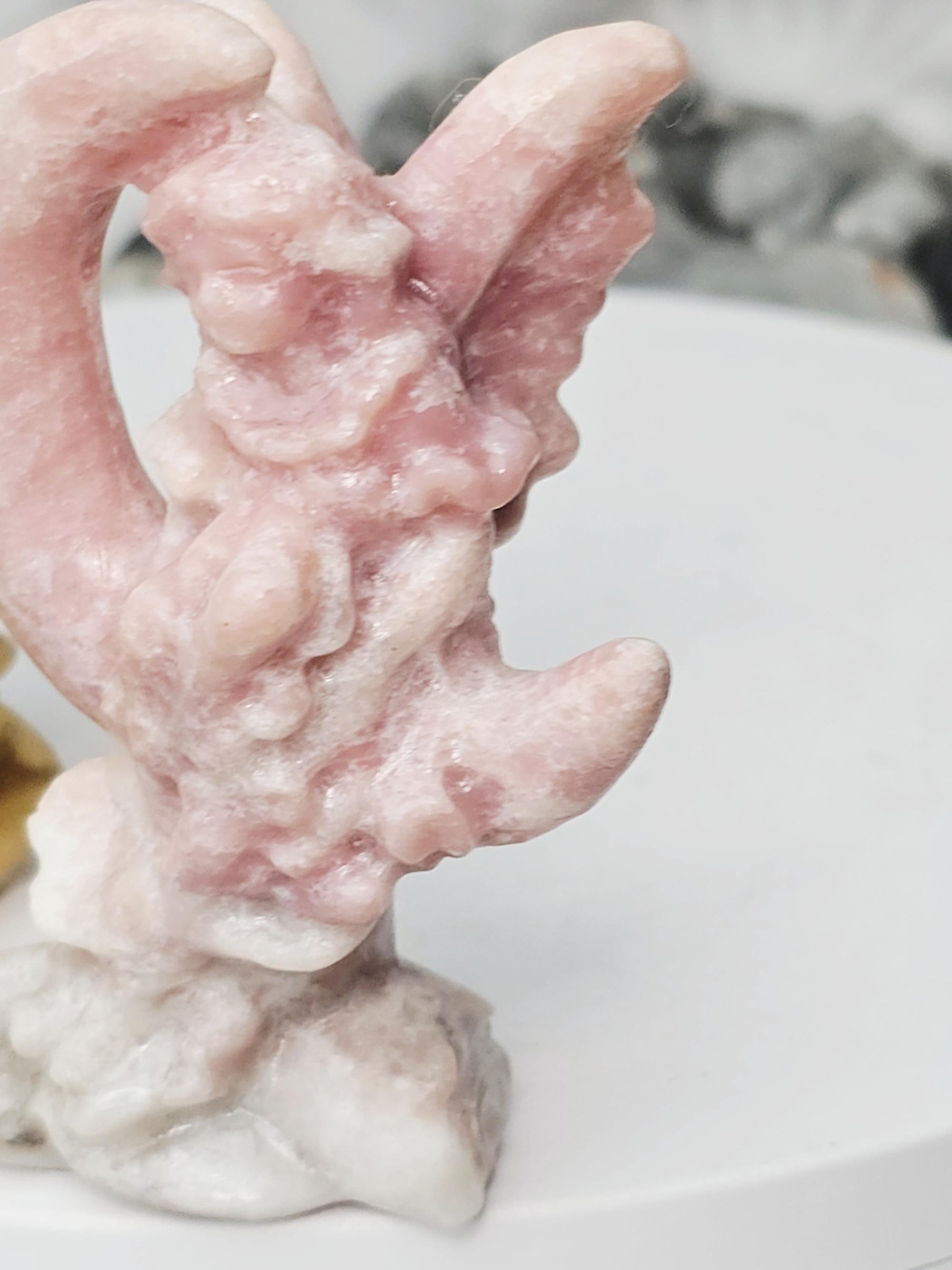 Pink Opal Fairy in a Moon , Pink Opal, Pink Fairy, Crystal Sculpture, Dragon, Fairy