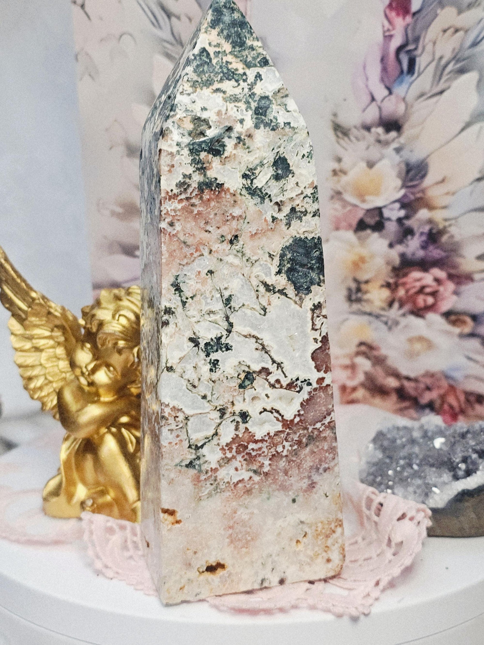 Rare Pink Amethyst Moss Agate Tower, Large Crystal Point, Crystals, Healing crystals, Calming Stone