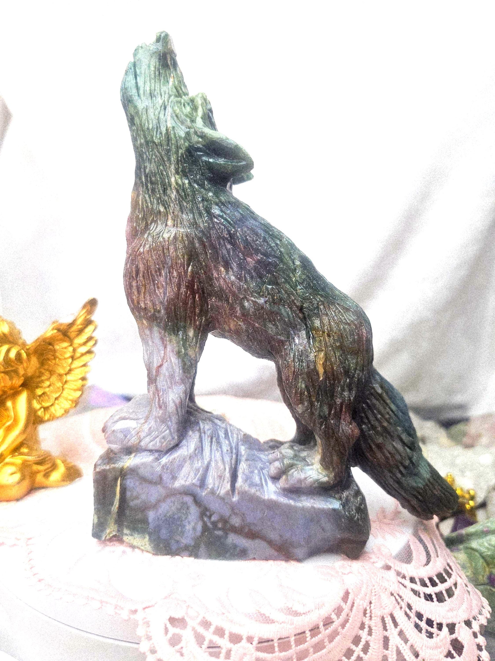 Colorful Druzy Ocean Jasper Wolf, Statement Piece, Wolf