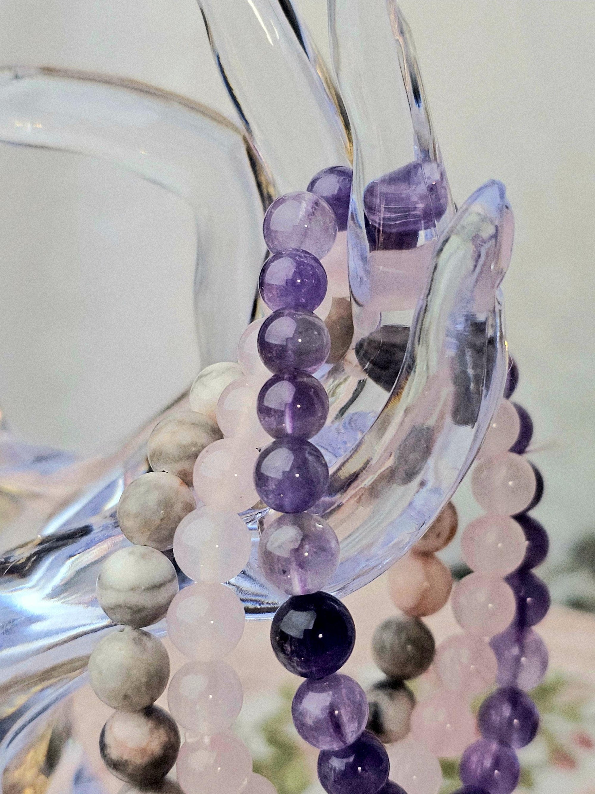 Amethyst & Pink Zebra Jasper Bracelet Set – Reiki Cleansed Gemstones